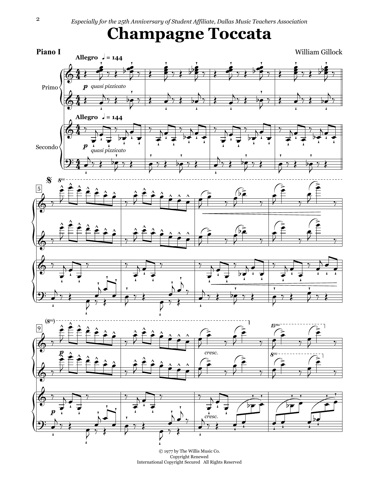 William Gillock Champagne Toccata (for 2 Pianos, 8 Hands) sheet music notes and chords arranged for Piano Duet