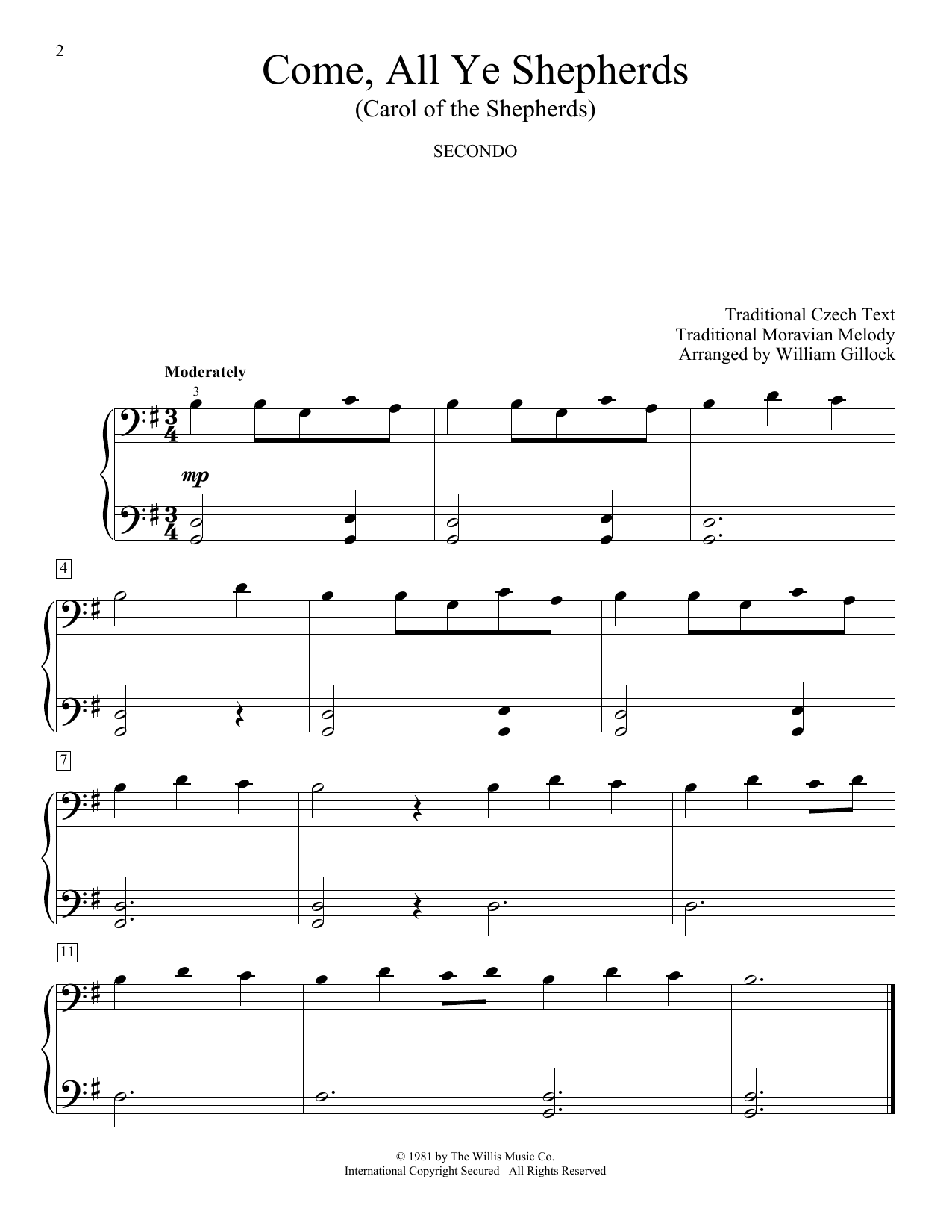 William Gillock Come, All Ye Shepherds (Carol Of The Shepherds) sheet music notes and chords arranged for Piano Duet