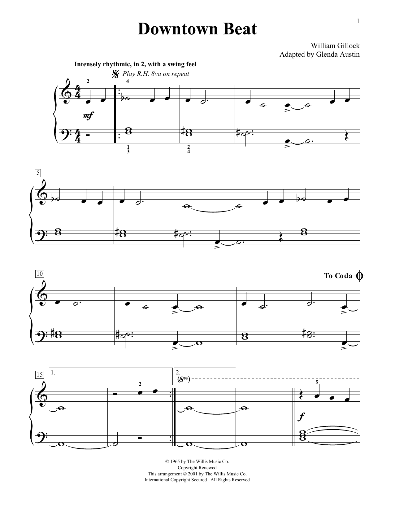 William Gillock Downtown Beat (Simplified) (adapted by Glenda Austin) sheet music notes and chords arranged for Educational Piano