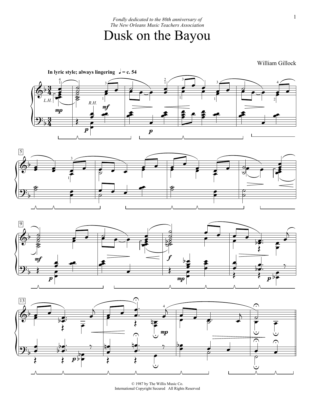 William Gillock Dusk on the Bayou sheet music notes and chords arranged for Educational Piano