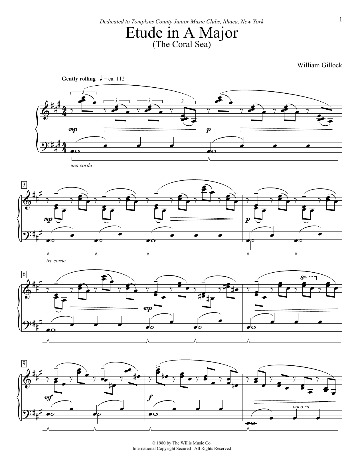 William Gillock Etude In A Major (The Coral Sea) sheet music notes and chords arranged for Educational Piano