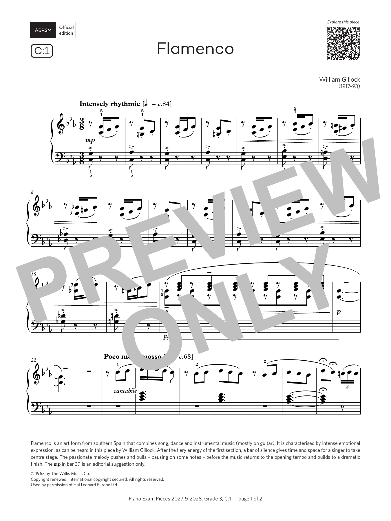 William Gillock Flamenco (Grade 3, list C1, from the ABRSM Piano Syllabus 2027 & 2028) sheet music notes and chords arranged for Piano Solo