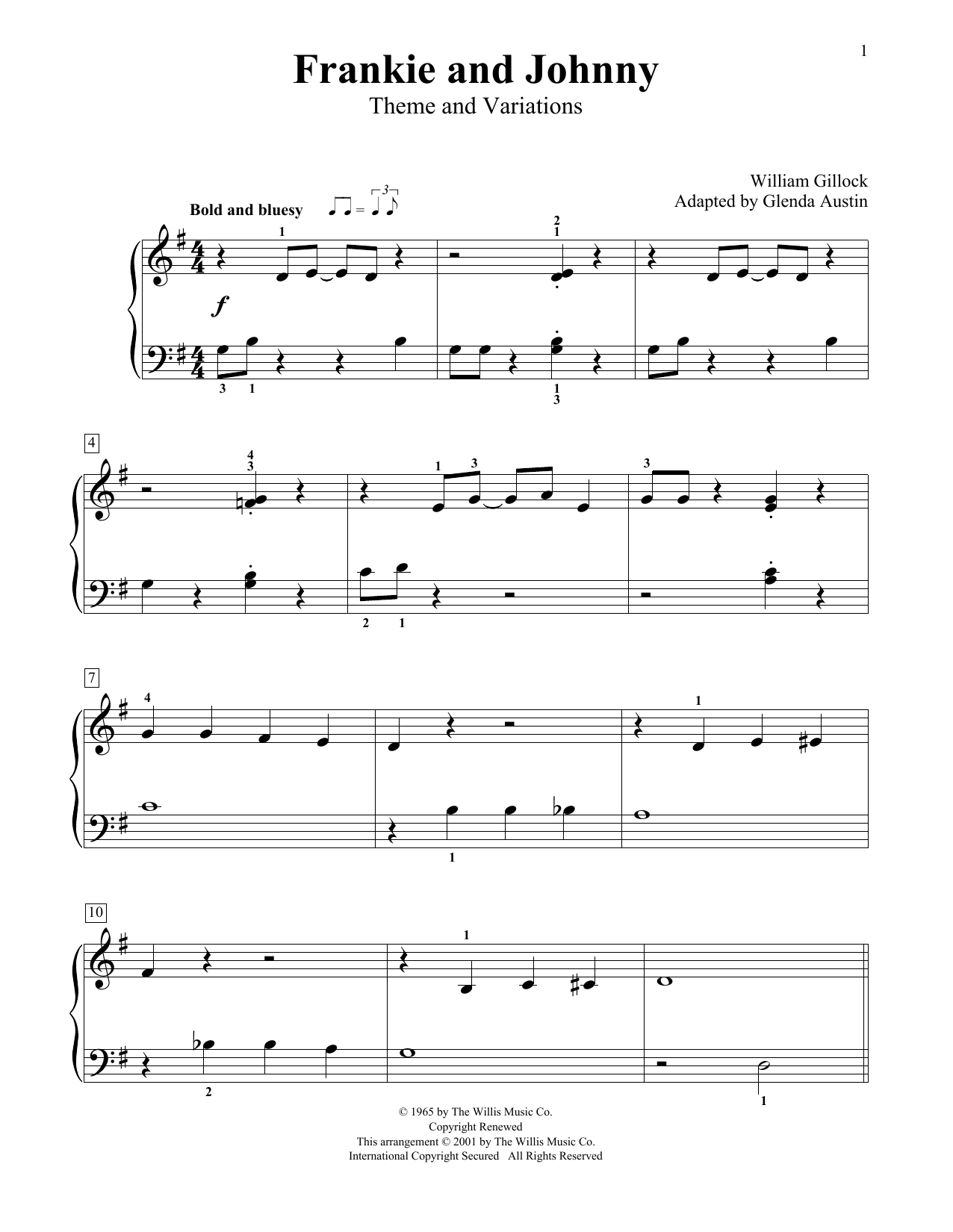 William Gillock Frankie And Johnny (Theme And Variations) (Simplified) (adapted by Glenda Austin) sheet music notes and chords arranged for Educational Piano