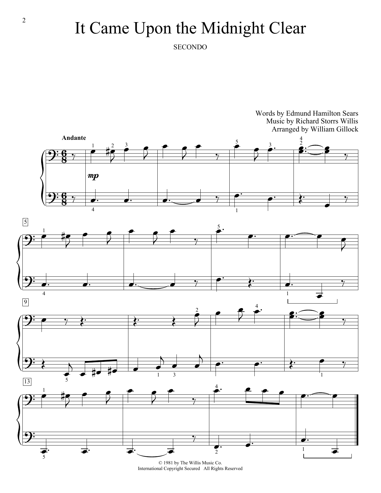 William Gillock It Came Upon The Midnight Clear sheet music notes and chords arranged for Piano Duet