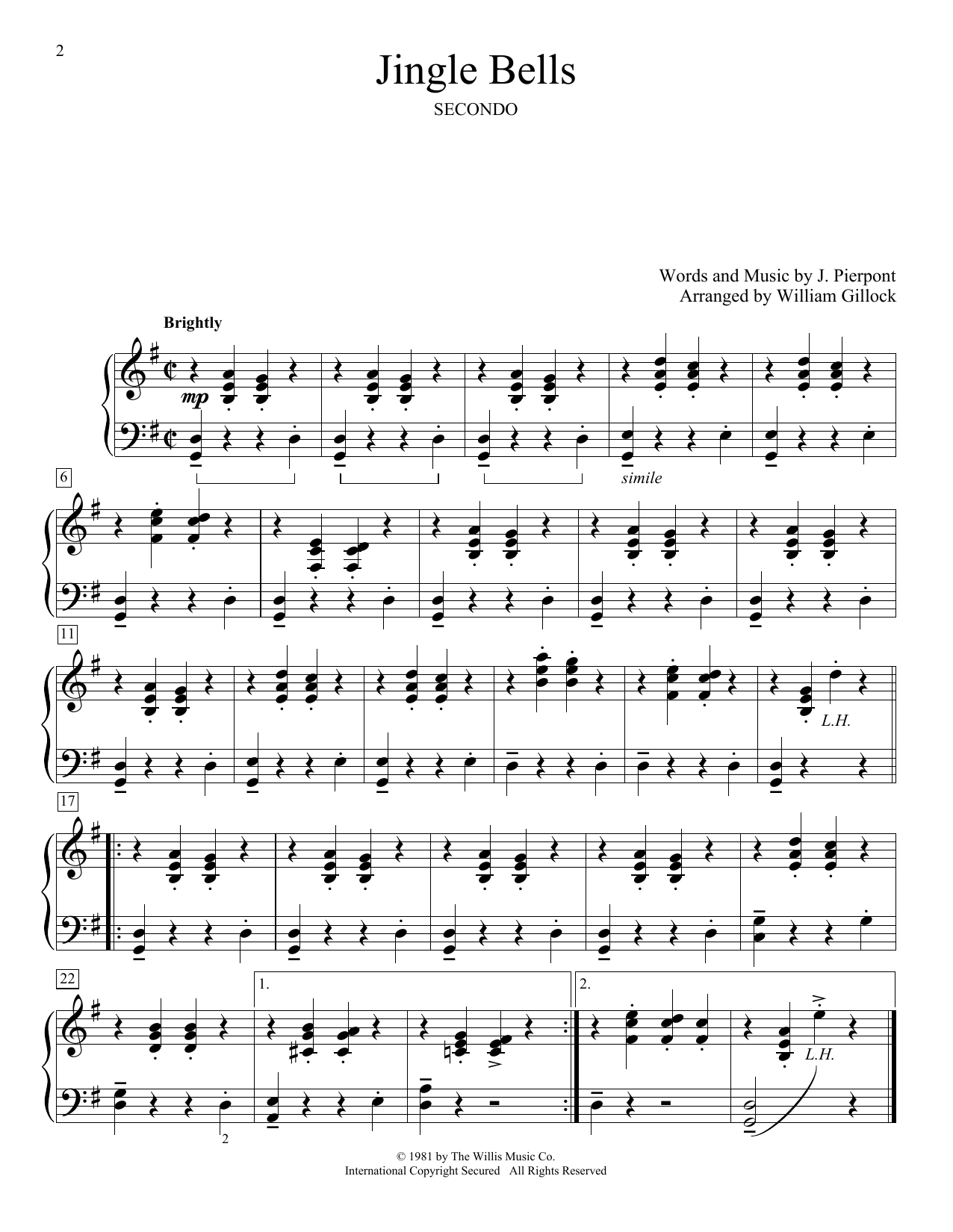 William Gillock Jingle Bells sheet music notes and chords arranged for Piano Duet
