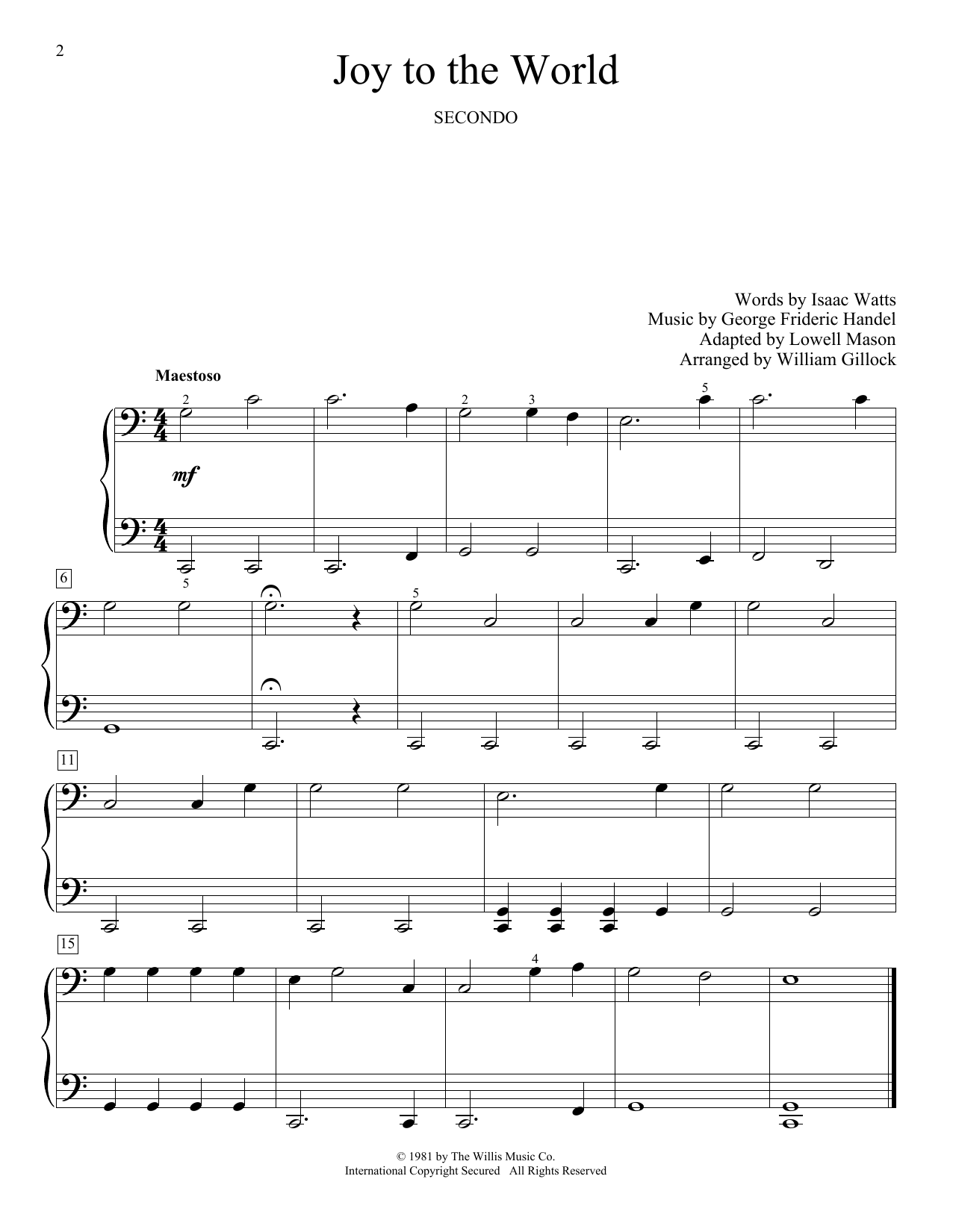 William Gillock Joy To The World sheet music notes and chords arranged for Piano Duet