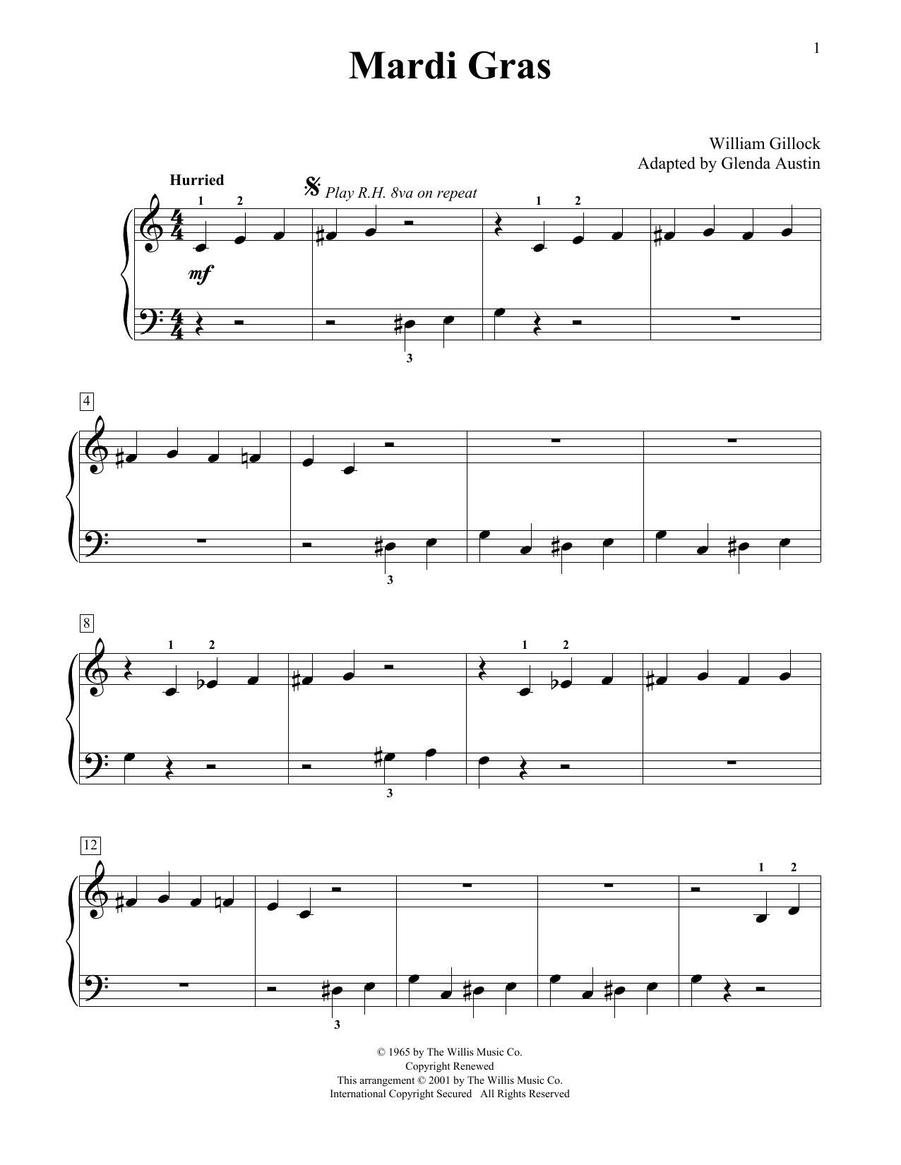 William Gillock Mardi Gras (Simplified) (adapted by Glenda Austin) sheet music notes and chords arranged for Educational Piano
