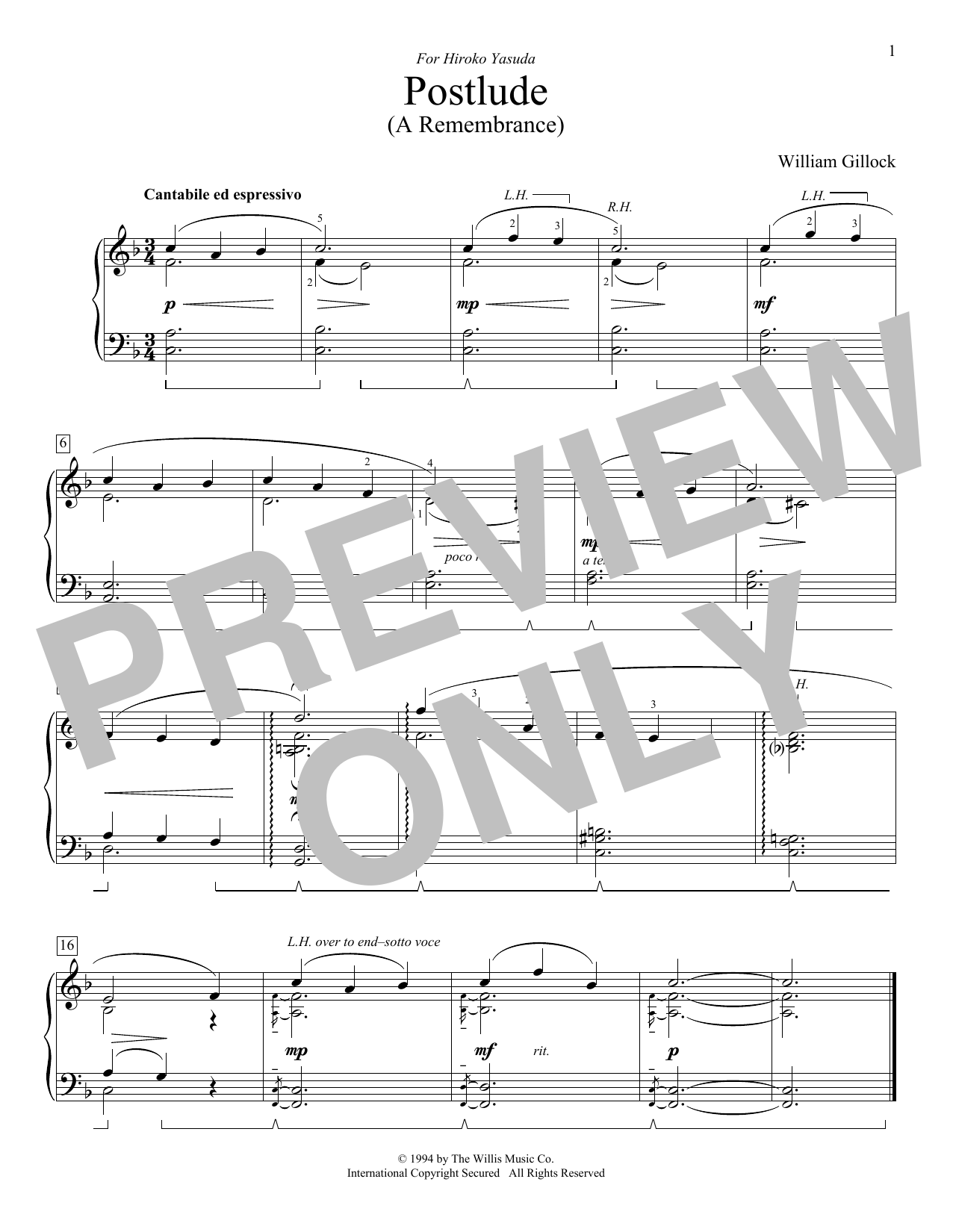William Gillock Postlude (A Remembrance) sheet music notes and chords arranged for Educational Piano