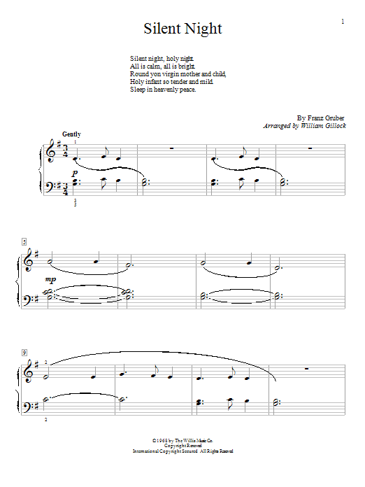 William Gillock Silent Night sheet music notes and chords arranged for Piano Duet