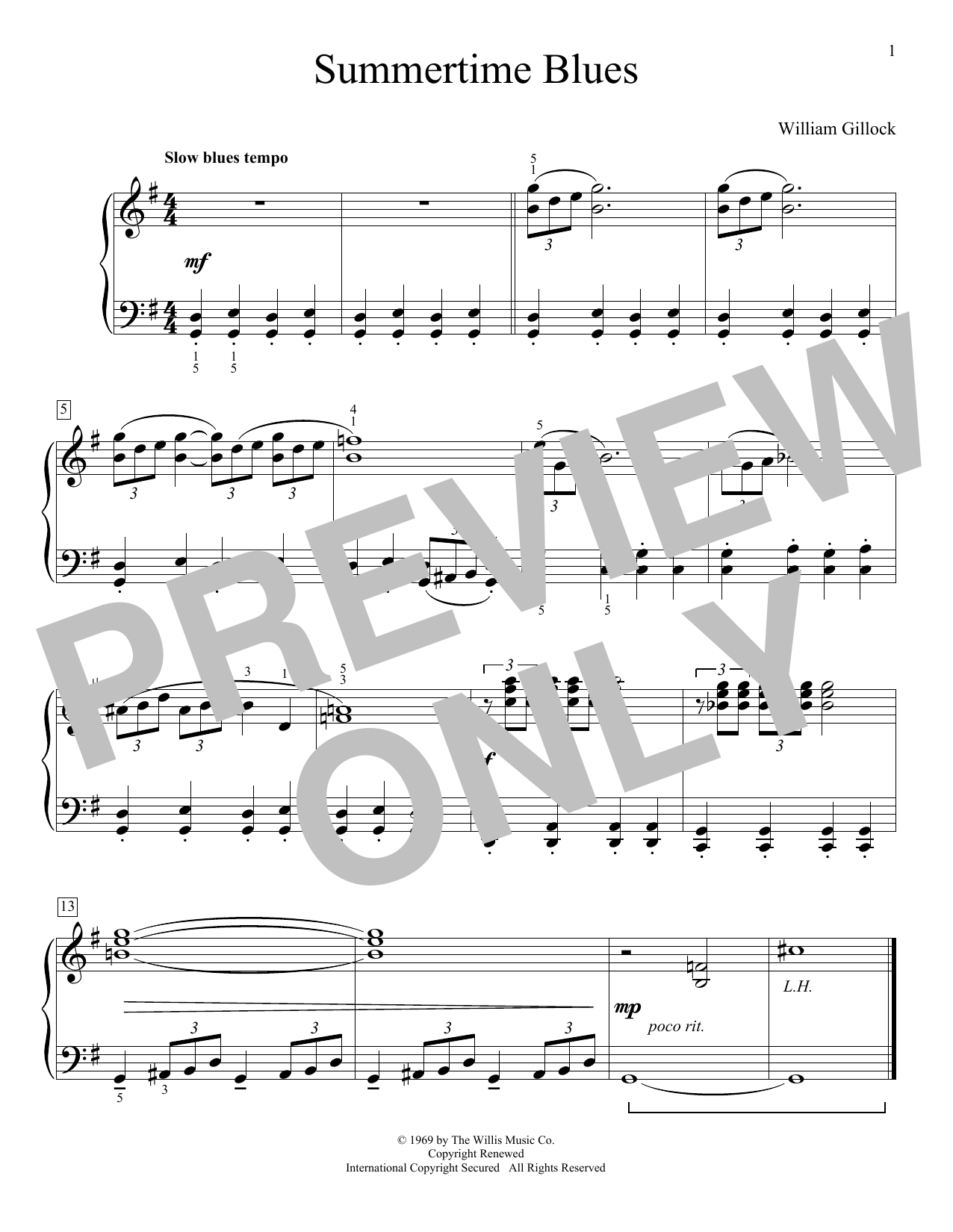 William Gillock Summertime Blues sheet music notes and chords arranged for Educational Piano