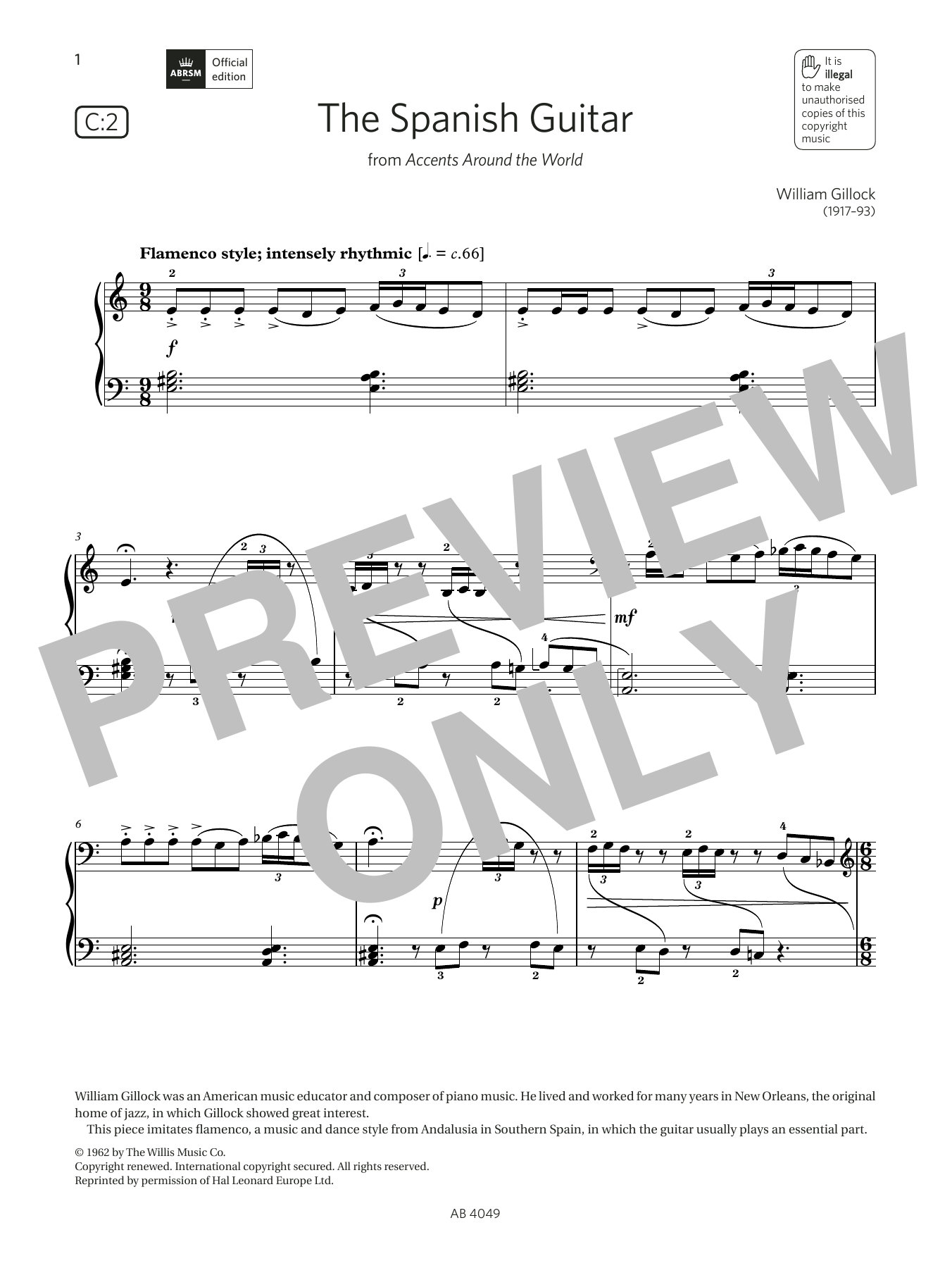 William Gillock The Spanish Guitar (Grade 3, list C2, from the ABRSM Piano Syllabus 2023 & 2024) sheet music notes and chords arranged for Piano Solo