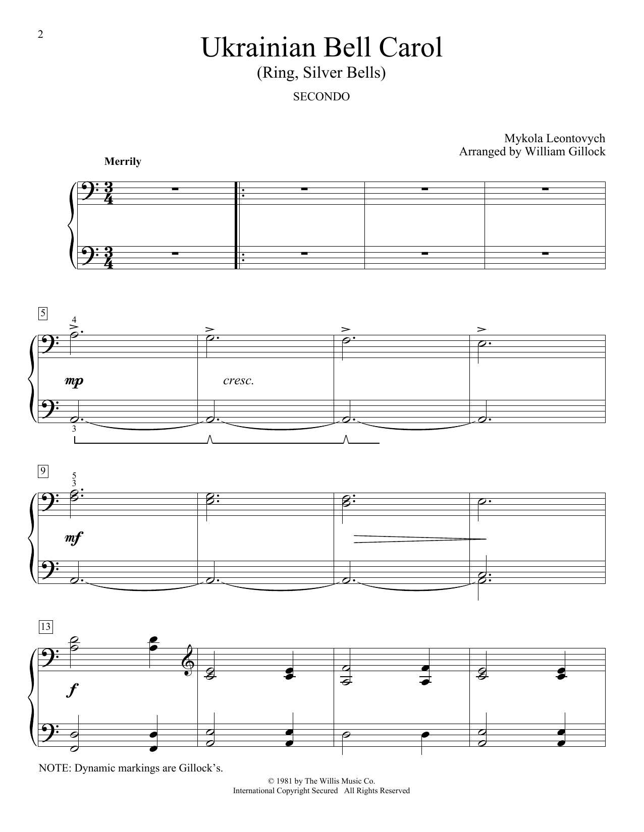 William Gillock Ukrainian Bell Carol (Ring, Silver Bells) sheet music notes and chords arranged for Piano Duet