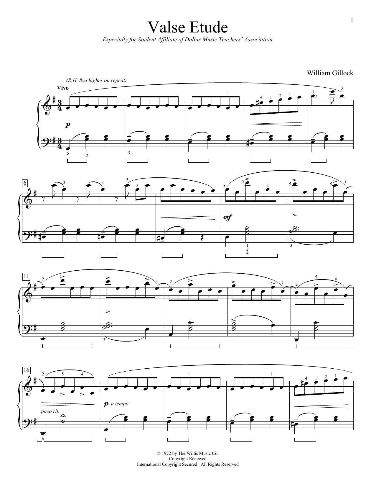 William Gillock Valse Etude sheet music notes and chords arranged for Educational Piano
