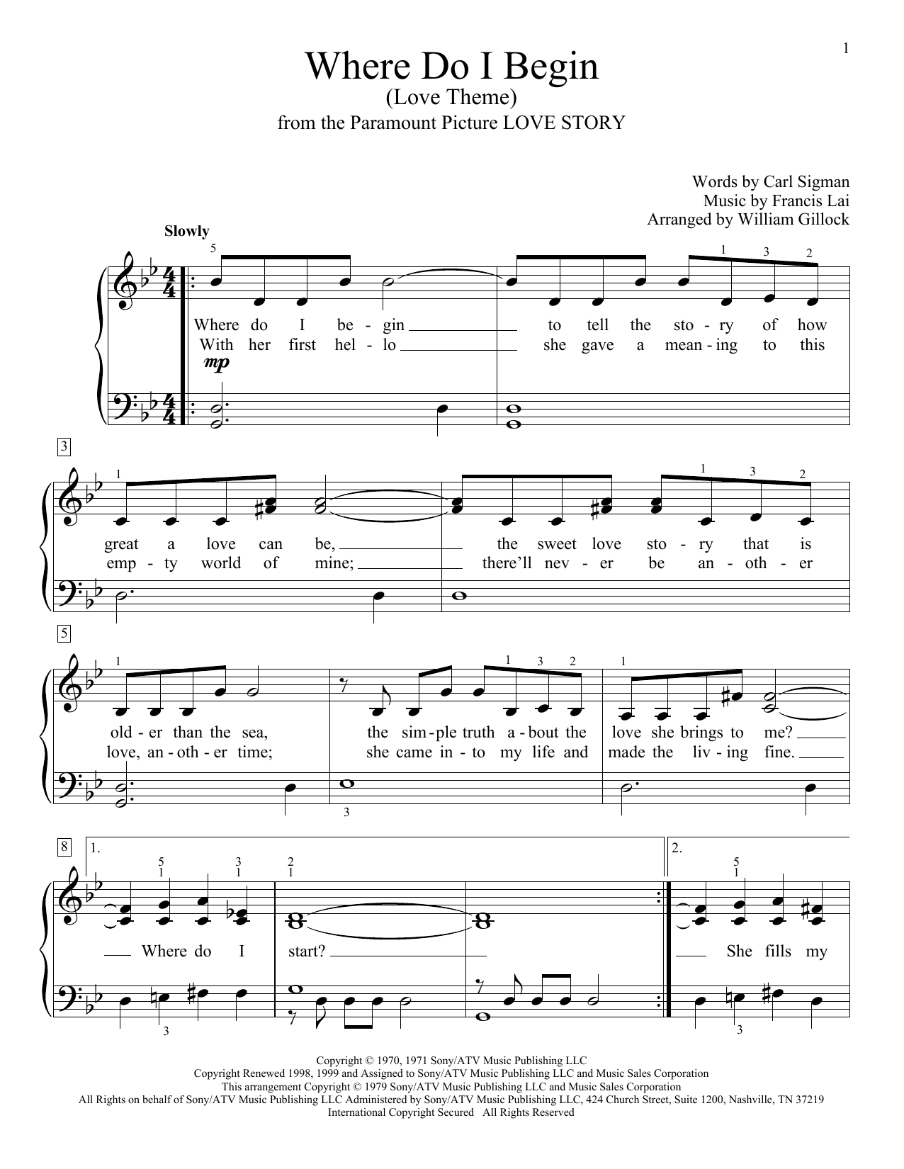 William Gillock Where Do I Begin (Love Theme) sheet music notes and chords arranged for Educational Piano