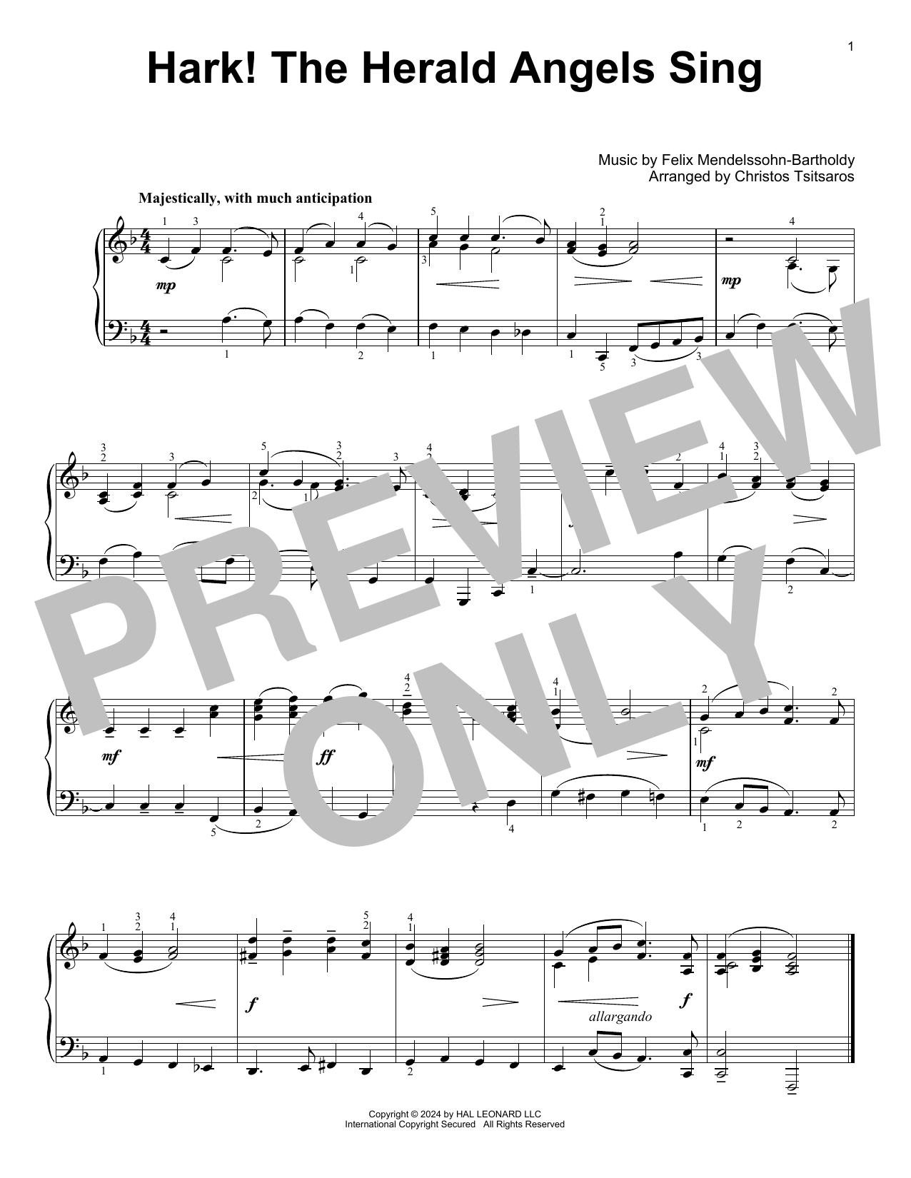 William H. Cummings Hark! The Herald Angels Sing (arr. Christos Tsitsaros) sheet music notes and chords arranged for Easy Piano Solo