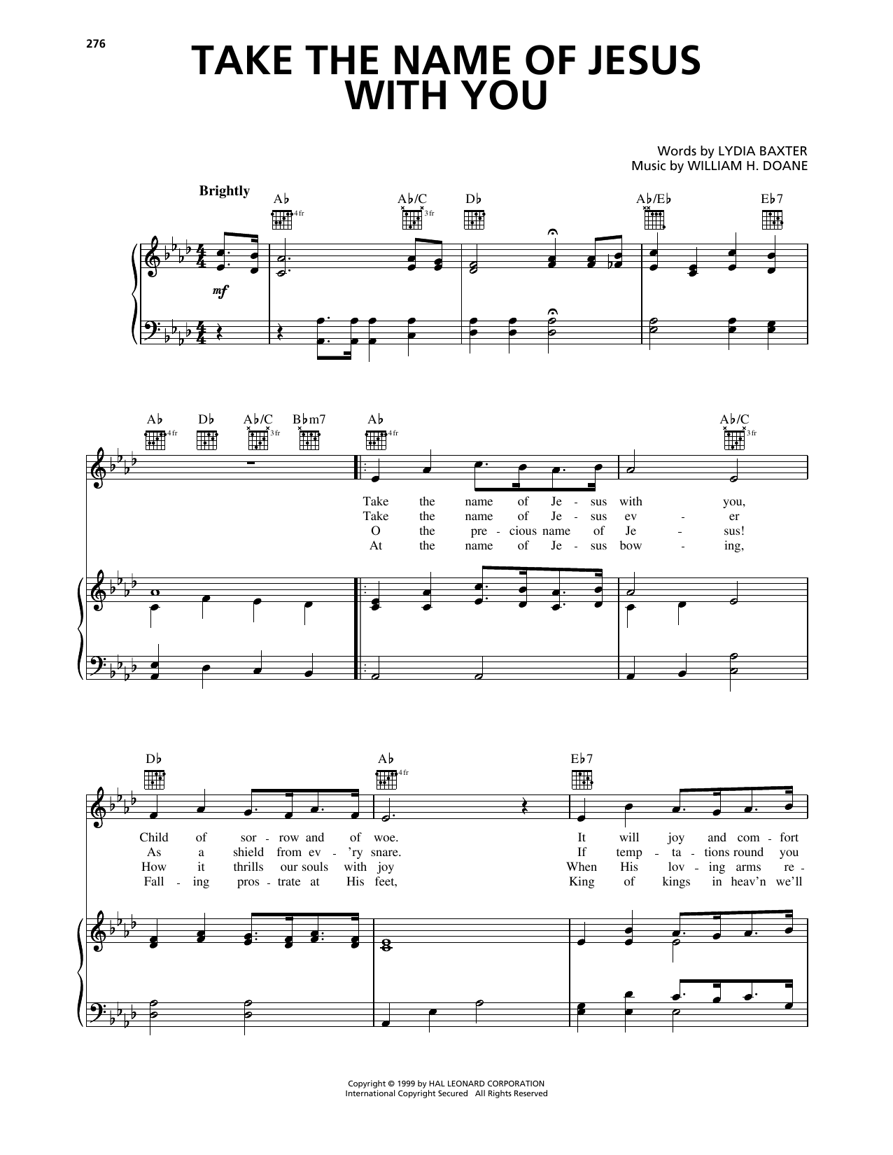 William H. Doane Take The Name Of Jesus With You sheet music notes and chords arranged for Piano, Vocal & Guitar Chords (Right-Hand Melody)