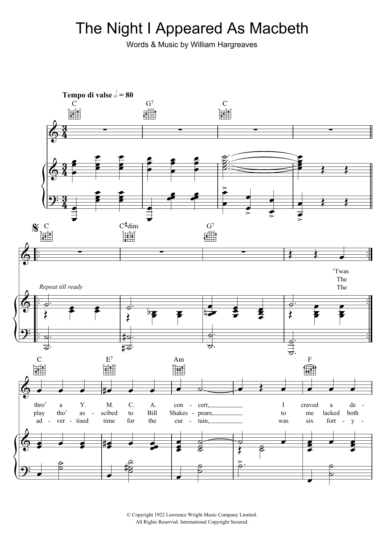 William Hargreaves The Night I Appeared As Macbeth sheet music notes and chords arranged for Piano, Vocal & Guitar Chords