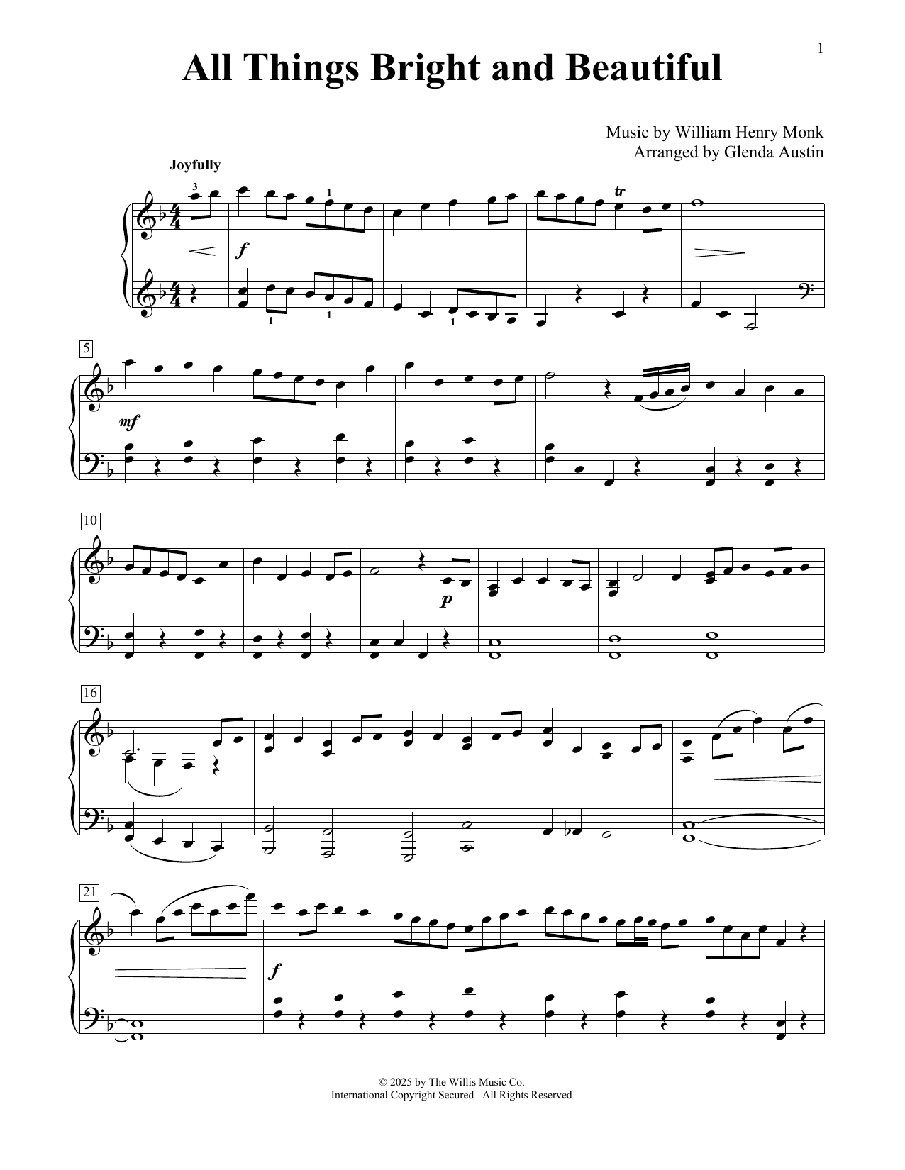 William Henry Monk All Things Bright And Beautiful (arr. Glenda Austin) sheet music notes and chords arranged for Educational Piano