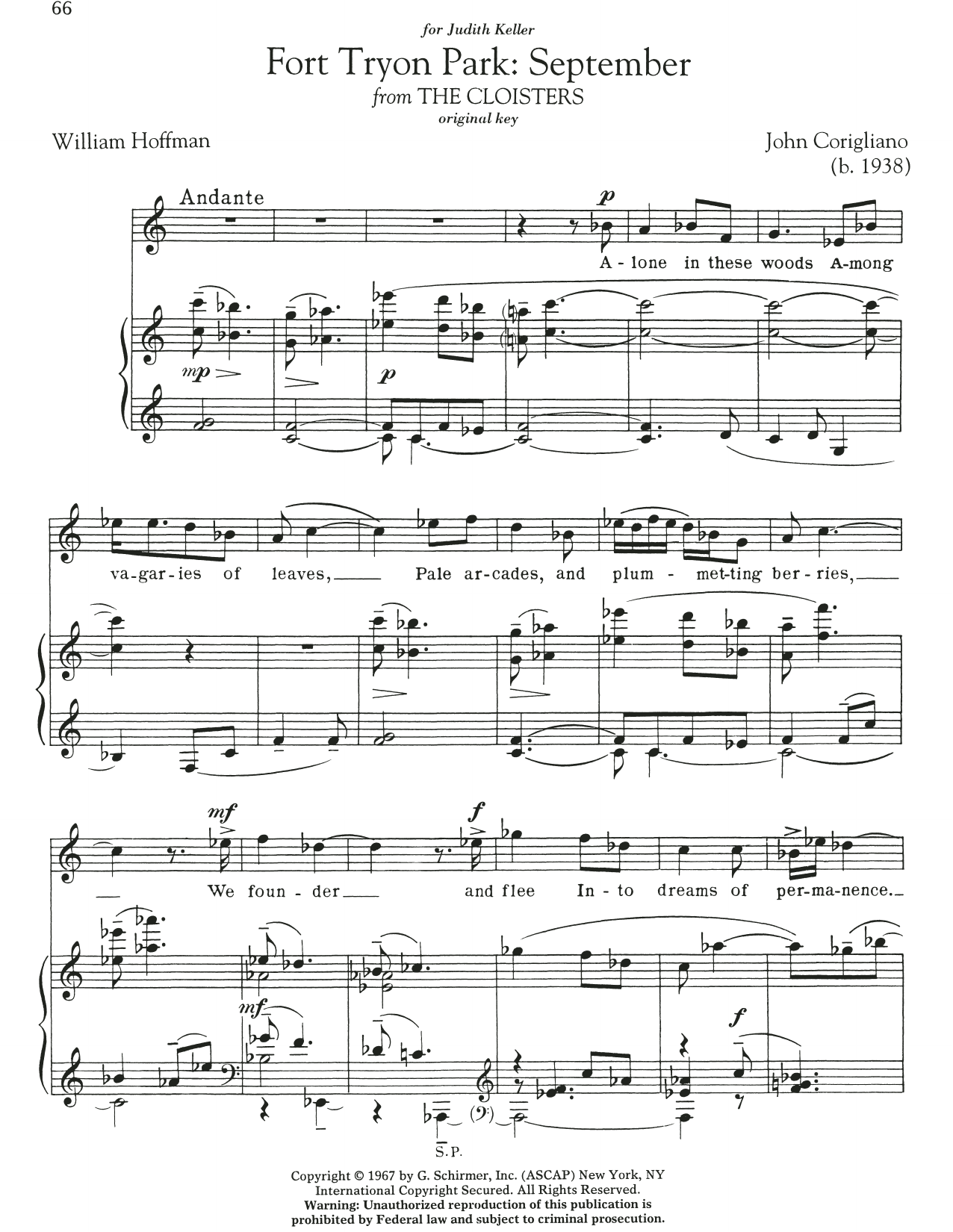 William Hoffman Fort Tryon Park: September sheet music notes and chords arranged for Piano & Vocal