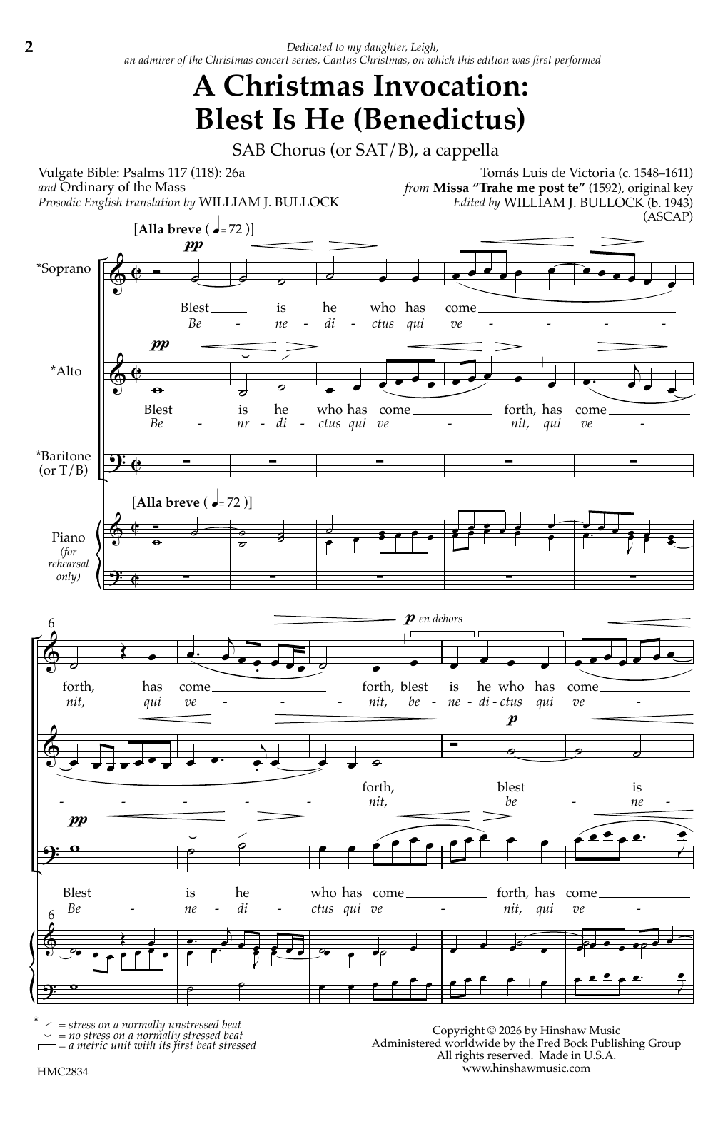 William J. Bullock A Christmas Invocation: Blest Is He (benedictus) sheet music notes and chords arranged for SATB Choir