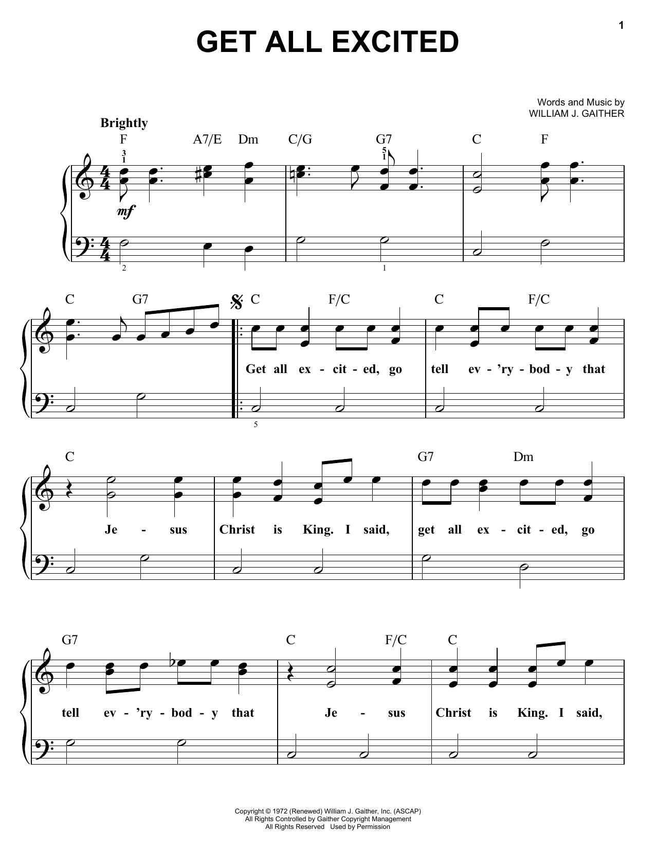William J. Gaither Get All Excited sheet music notes and chords arranged for Easy Piano