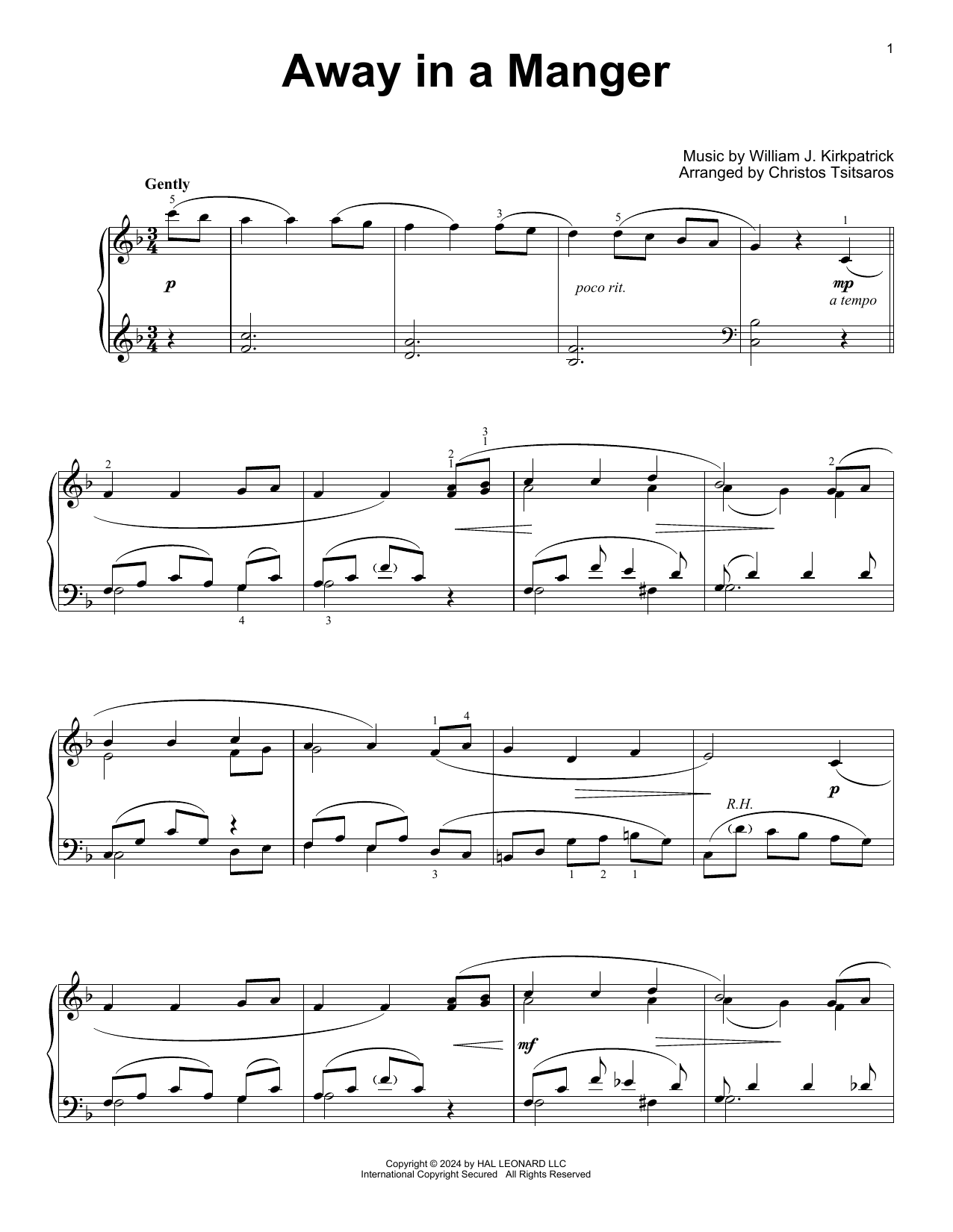William J. Kirkpatrick Away In A Manger (arr. Christos Tsitsaros) sheet music notes and chords arranged for Easy Piano Solo