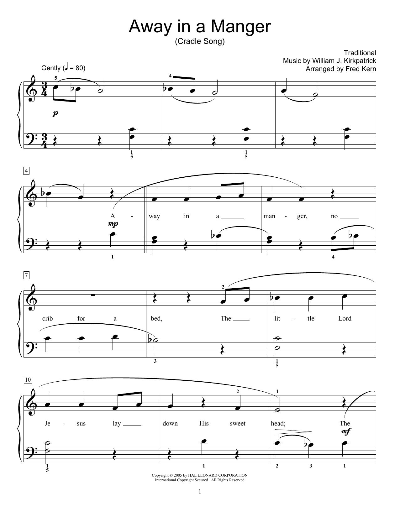 William J. Kirkpatrick Away In A Manger (arr. Fred Kern) sheet music notes and chords arranged for Educational Piano