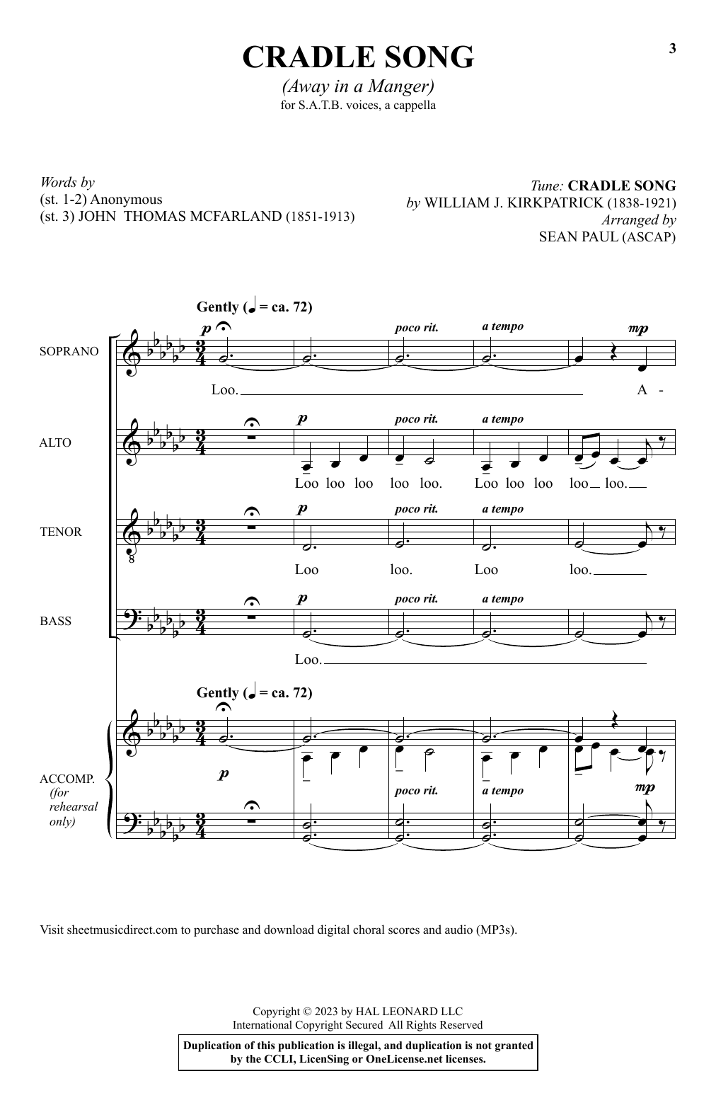 William J. Kirkpatrick Cradle Song (Away In A Manger) (arr. Sean Paul) sheet music notes and chords arranged for SATB Choir