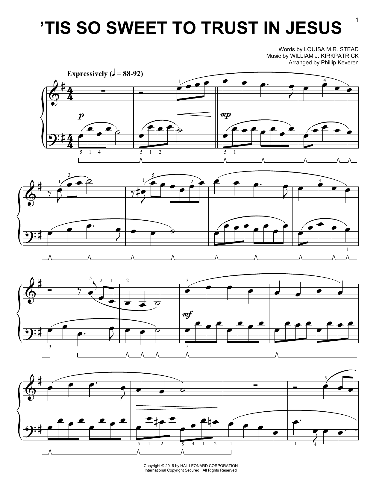 William J. Kirkpatrick 'Tis So Sweet To Trust In Jesus [Classical version] (arr. Phillip Keveren) sheet music notes and chords arranged for Easy Piano