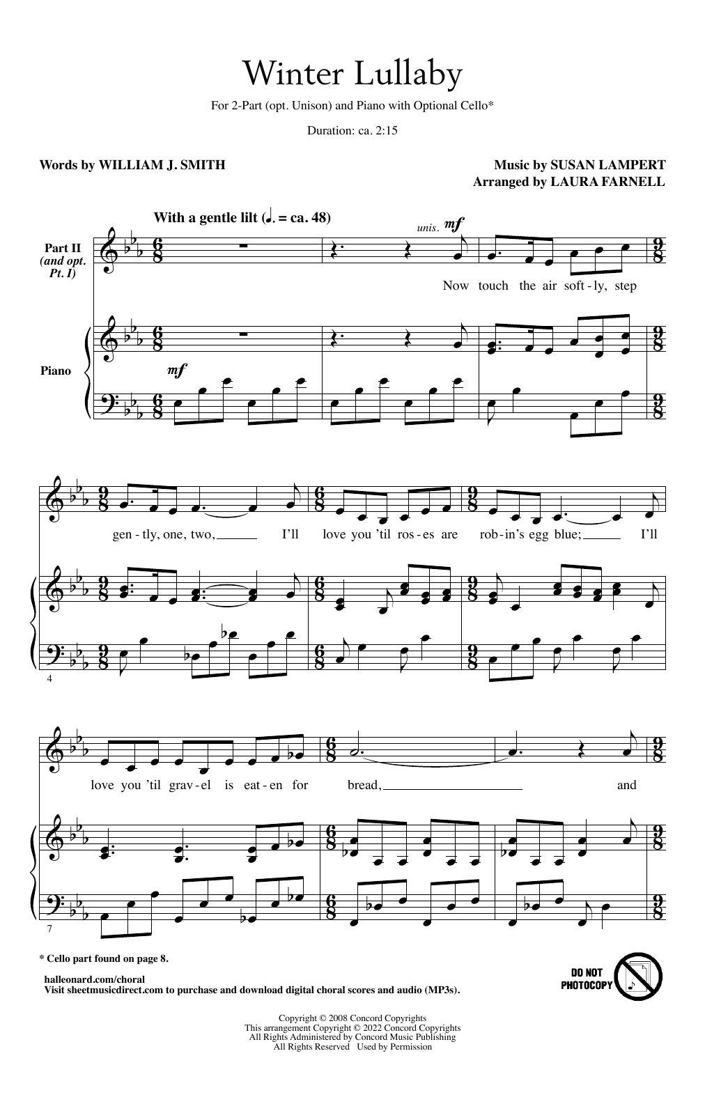 William J. Smith and Susan Lampert Winter Lullaby (arr. Laura Farnell) sheet music notes and chords arranged for 2-Part Choir