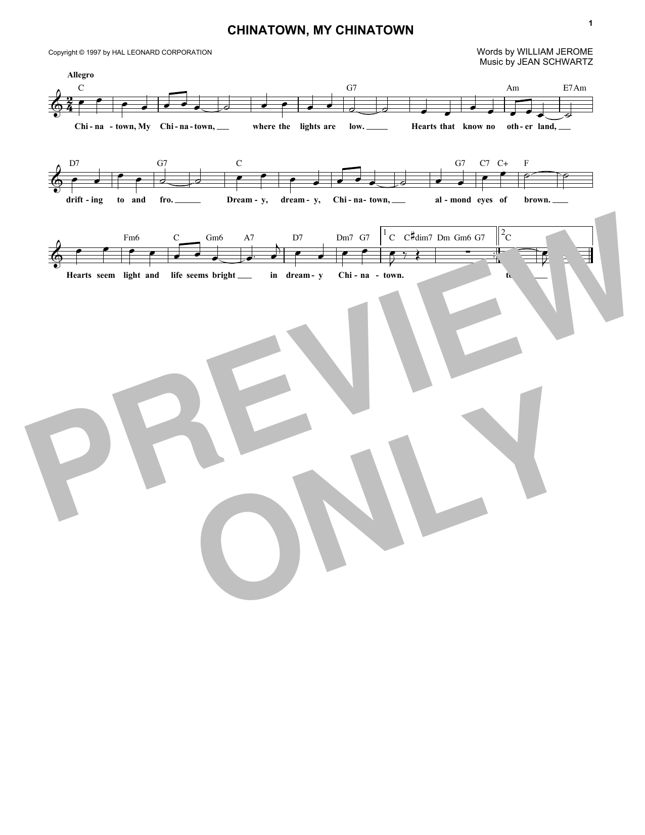 William Jerome Chinatown, My Chinatown sheet music notes and chords arranged for Piano, Vocal & Guitar Chords (Right-Hand Melody)