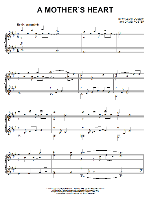 William Joseph A Mother's Heart sheet music notes and chords arranged for Piano Solo