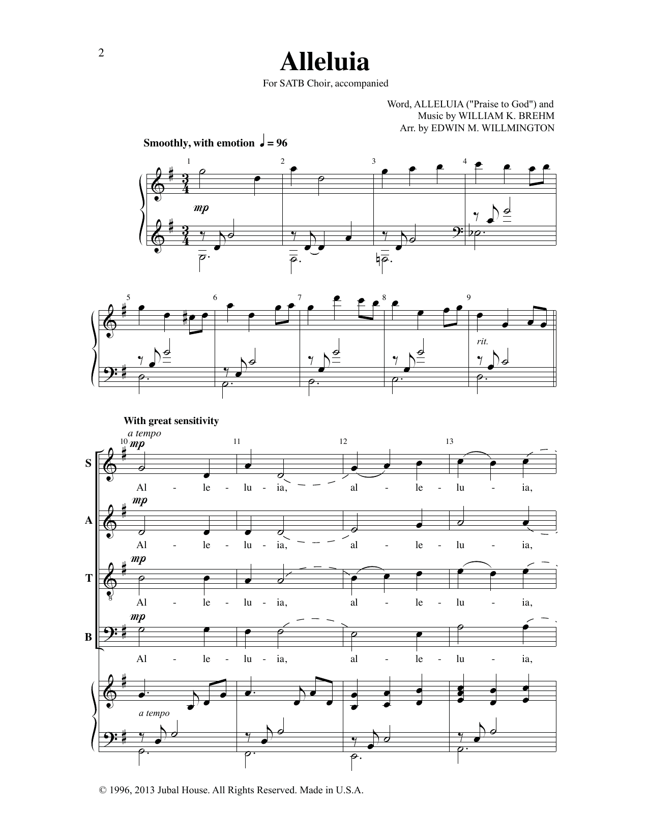 William K. Brehm Alleluia (arr. Edwin M. Willmington) sheet music notes and chords arranged for SATB Choir