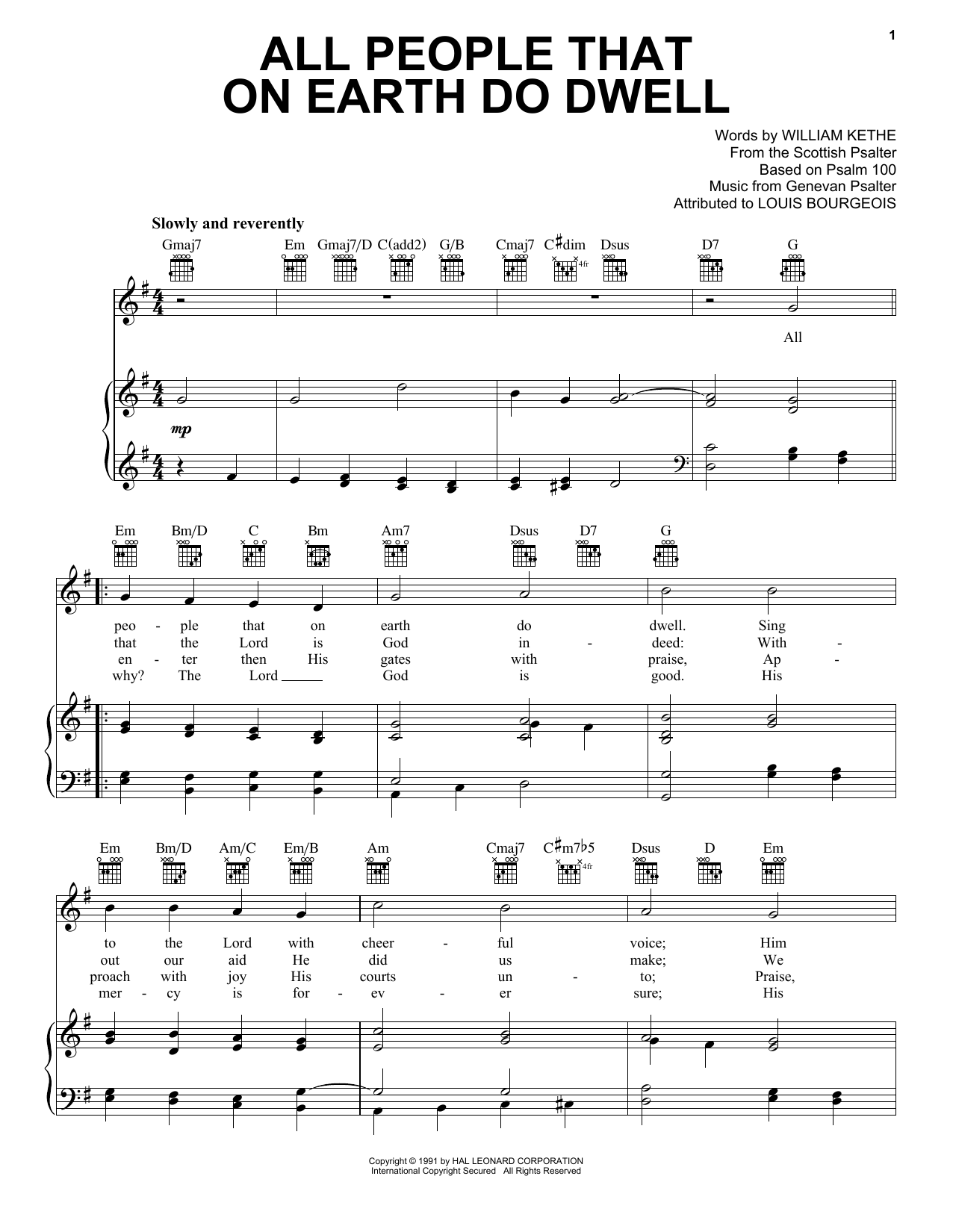 William Kethe All People On Earth Do Dwell sheet music notes and chords arranged for Piano, Vocal & Guitar Chords (Right-Hand Melody)