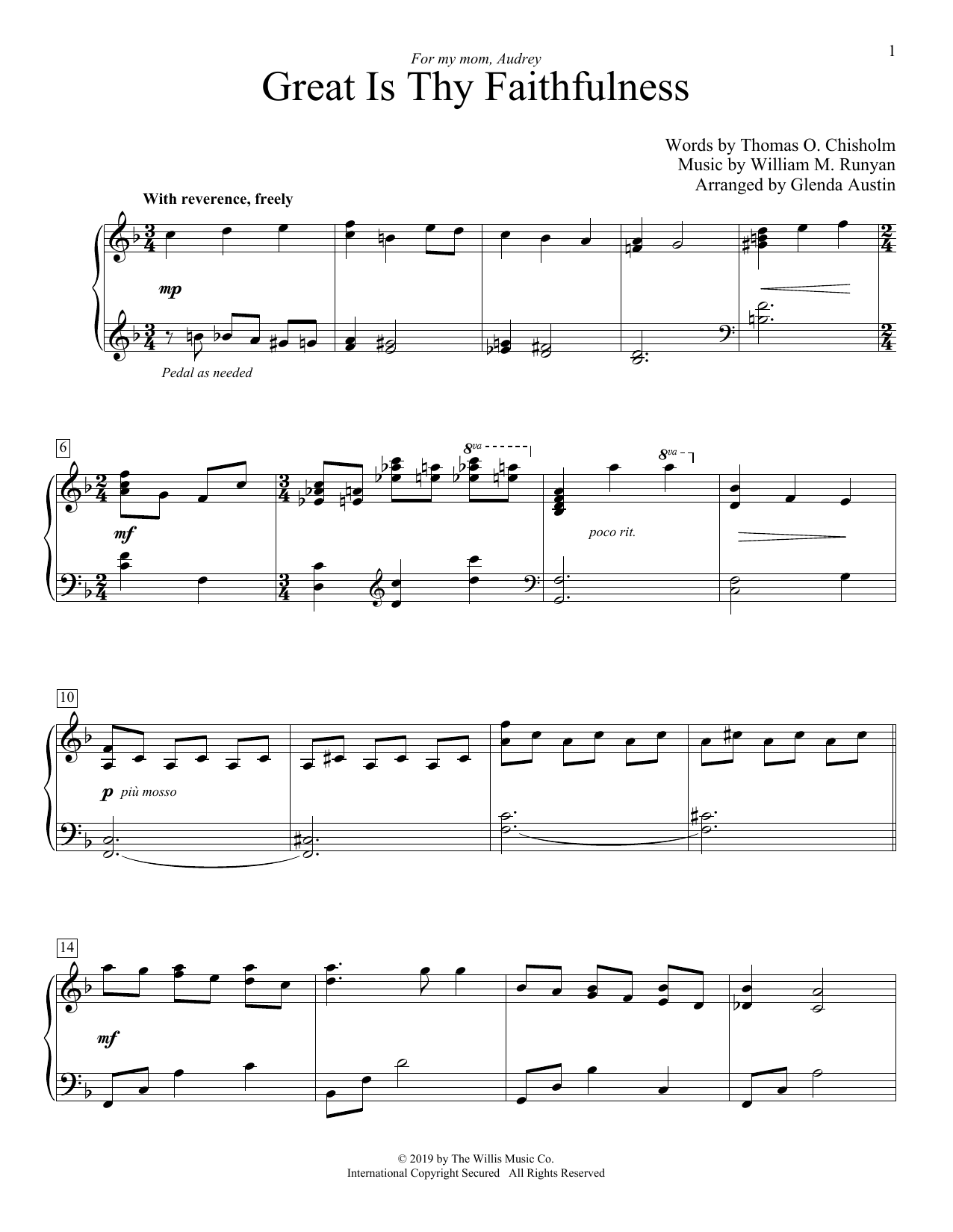 William M. Runyan Great Is Thy Faithfulness (arr. Glenda Austin) sheet music notes and chords arranged for Educational Piano