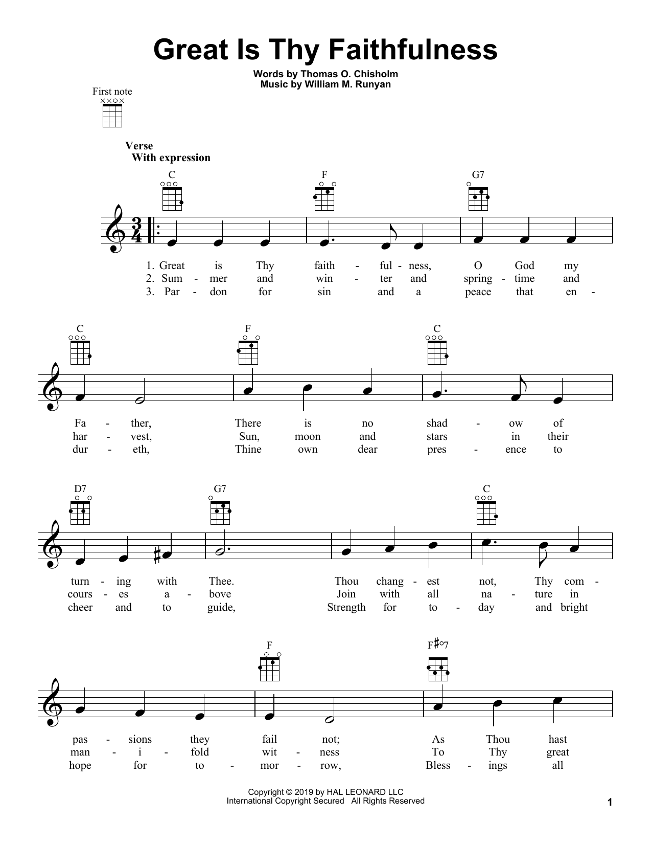 William M. Runyan Great Is Thy Faithfulness sheet music notes and chords arranged for Ukulele