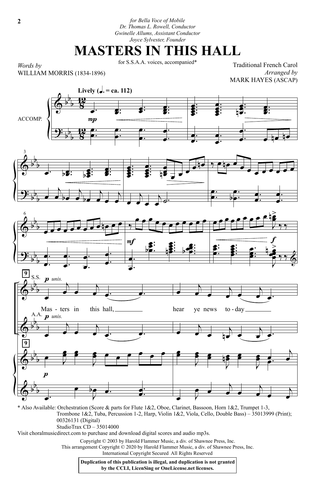 William Morris Masters In This Hall (arr. Mark Hayes) sheet music notes and chords arranged for SSAA Choir
