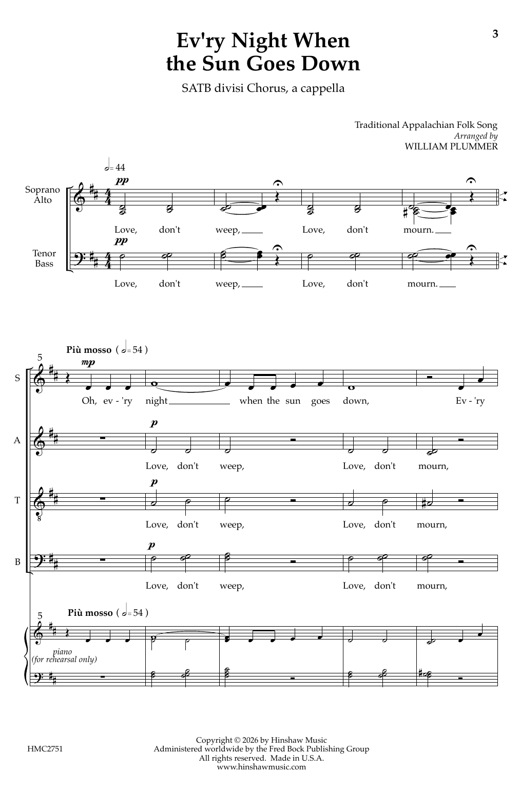 William Plummer Ev'ry Night When The Sun Goes Down sheet music notes and chords arranged for SATB Choir