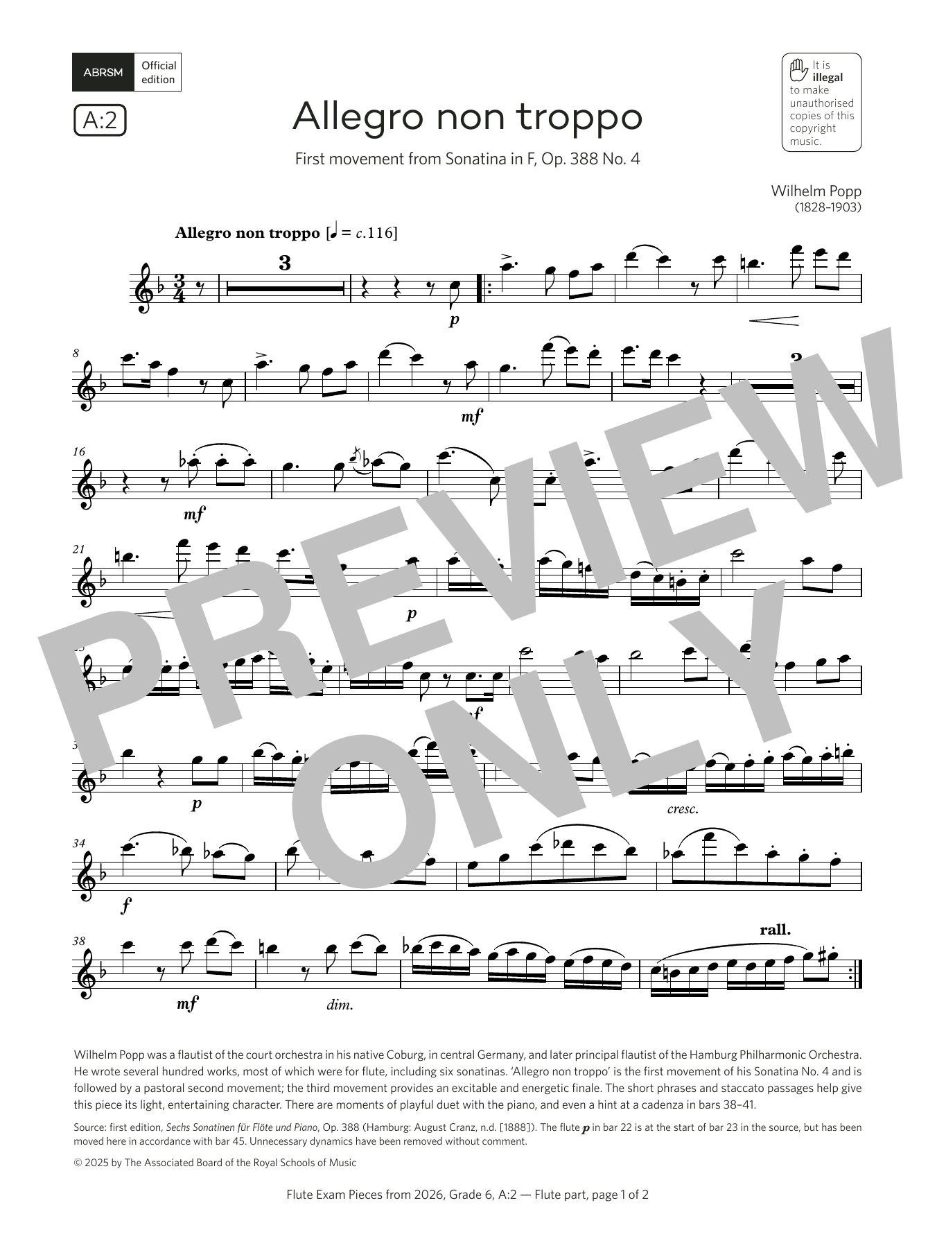 William Popp Allegro non troppo (Grade 6, list A2, from the ABRSM Flute Syllabus from 2026) sheet music notes and chords arranged for Flute Solo