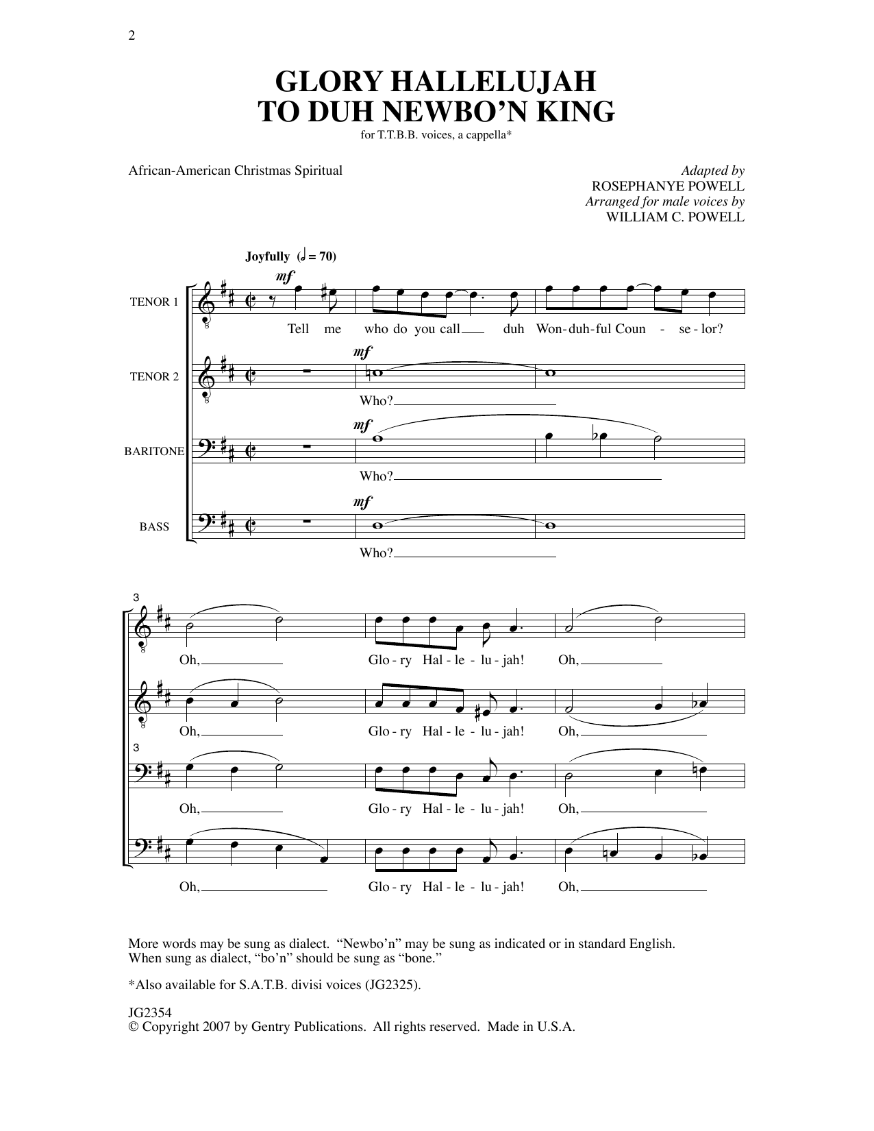 William Powell Glory Hallelujah To Duh Newbo'n King! sheet music notes and chords arranged for TTBB Choir