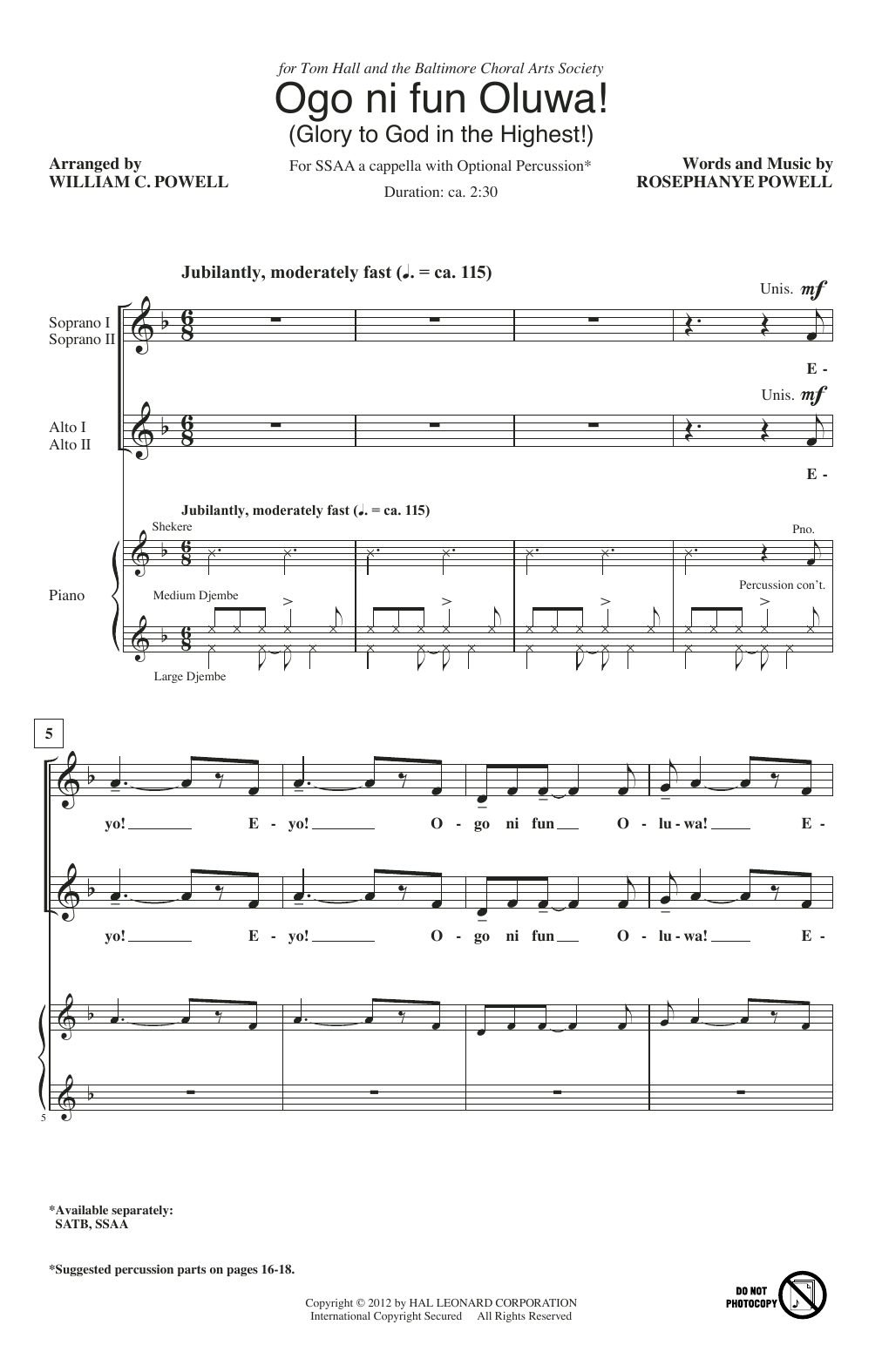 William Powell Ogo Ni Fun Oluwa! (Glory To God In The Highest!) sheet music notes and chords arranged for SSA Choir