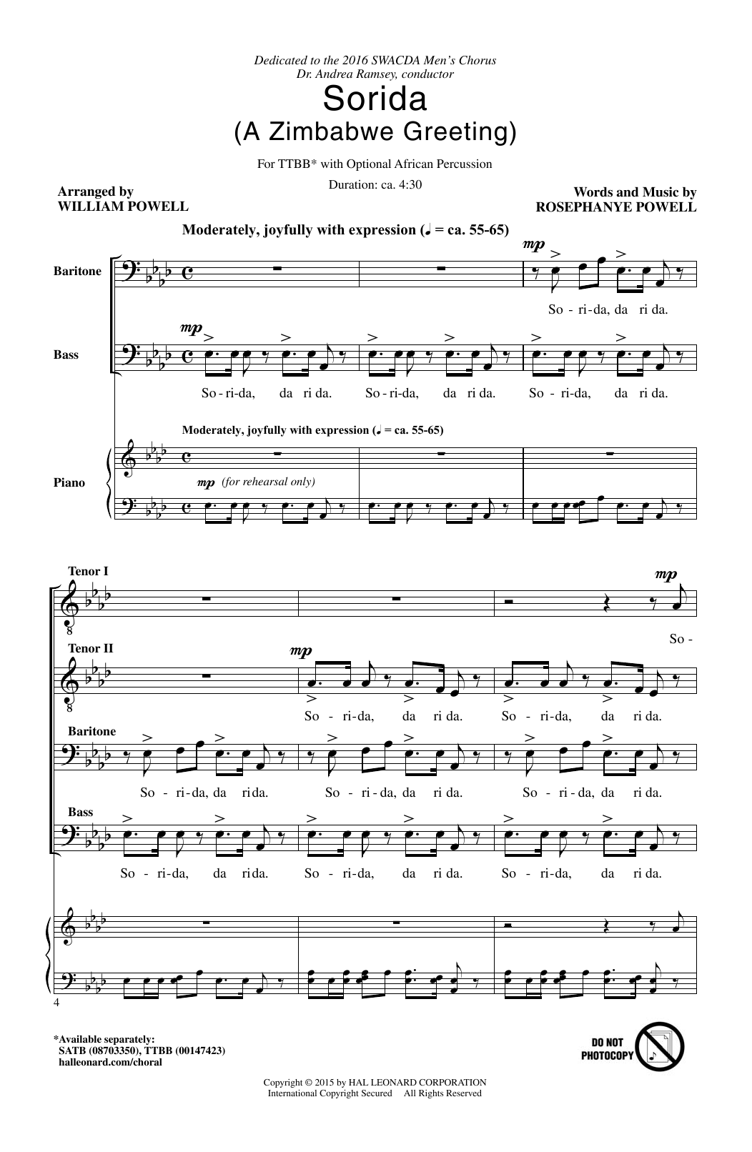 William Powell Sorida sheet music notes and chords arranged for TTBB Choir