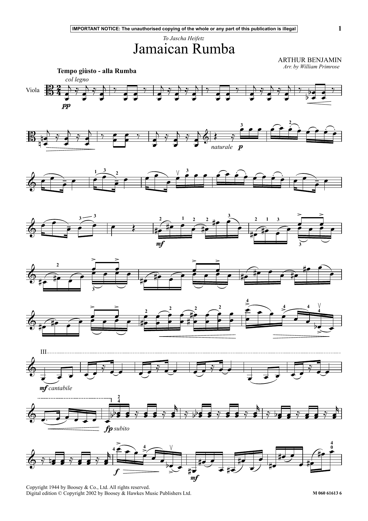 William Primrose Jamaican Rumba sheet music notes and chords arranged for Instrumental Solo