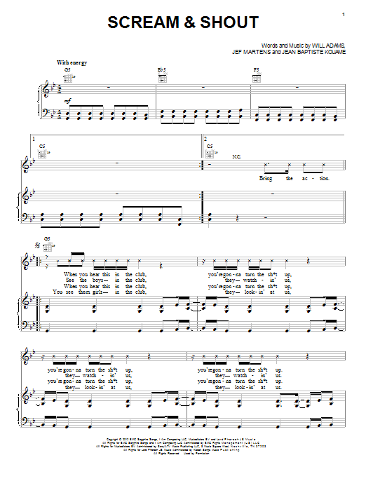 Will.i.am Scream & Shout sheet music notes and chords arranged for Piano, Vocal & Guitar Chords (Right-Hand Melody)