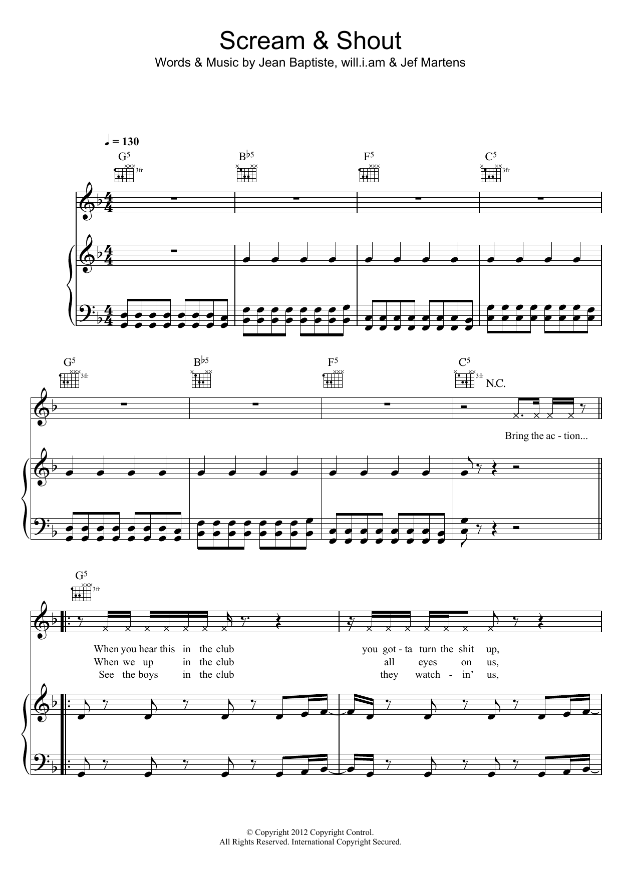 Will.i.am Scream and Shout (featuring Britney Spears) sheet music notes and chords arranged for Piano, Vocal & Guitar Chords