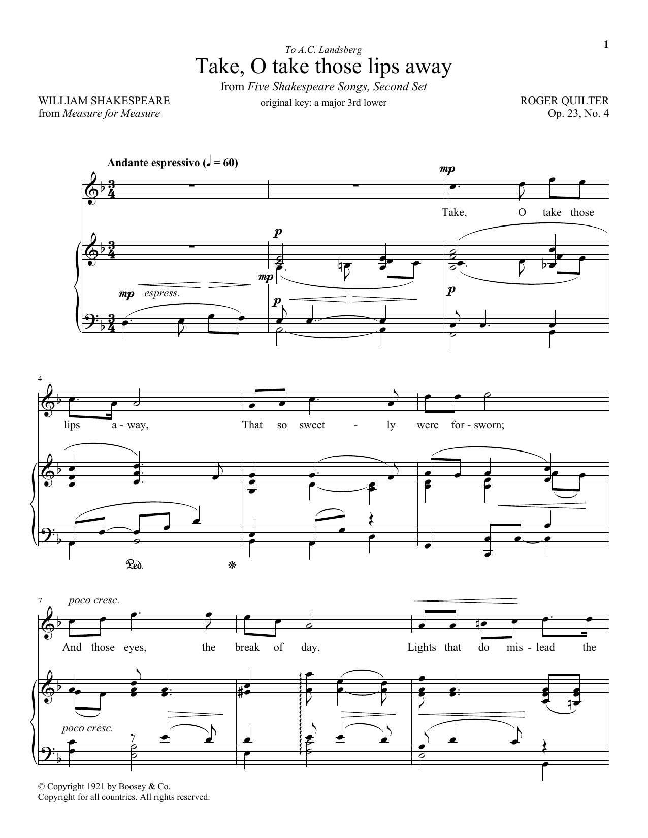 William Shakespeare Take, O Take Those Lips Away, Op. 23, No. 4 sheet music notes and chords arranged for Piano & Vocal