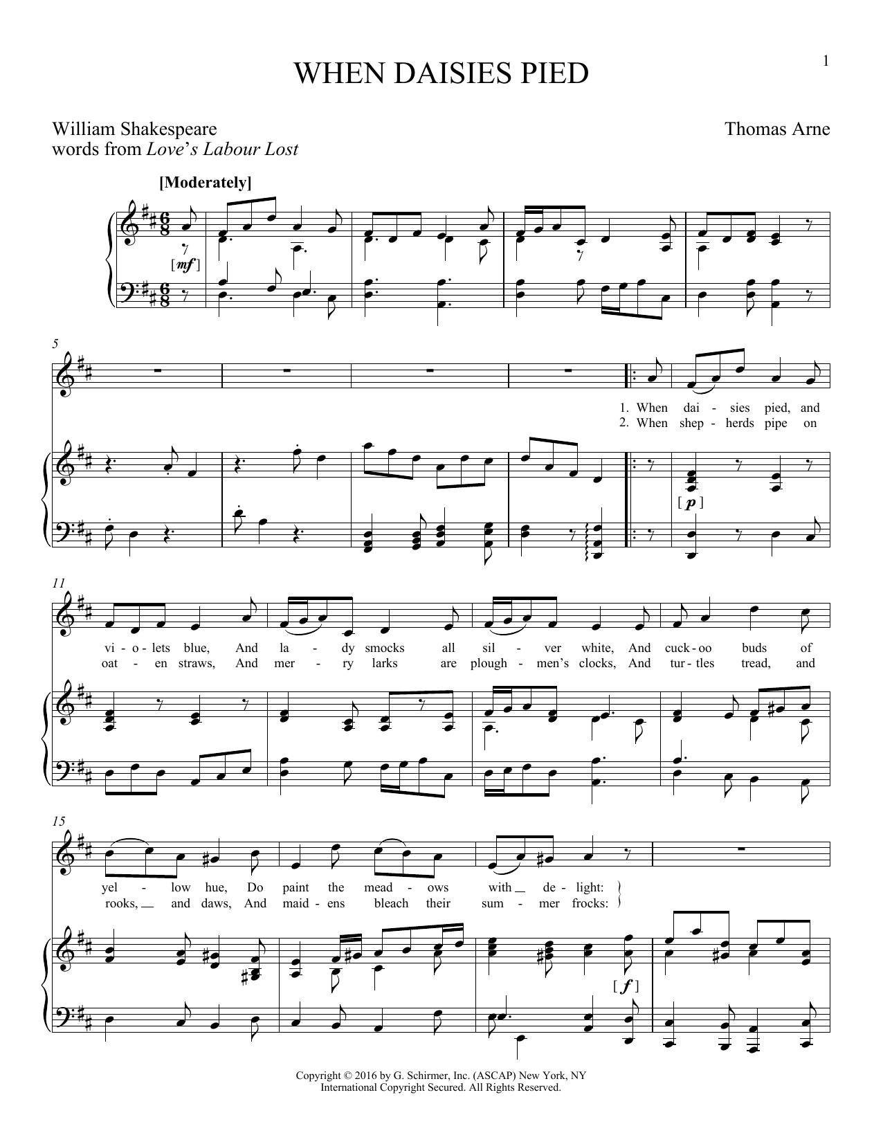 William Shakespeare When Daisies Pied sheet music notes and chords arranged for Piano & Vocal
