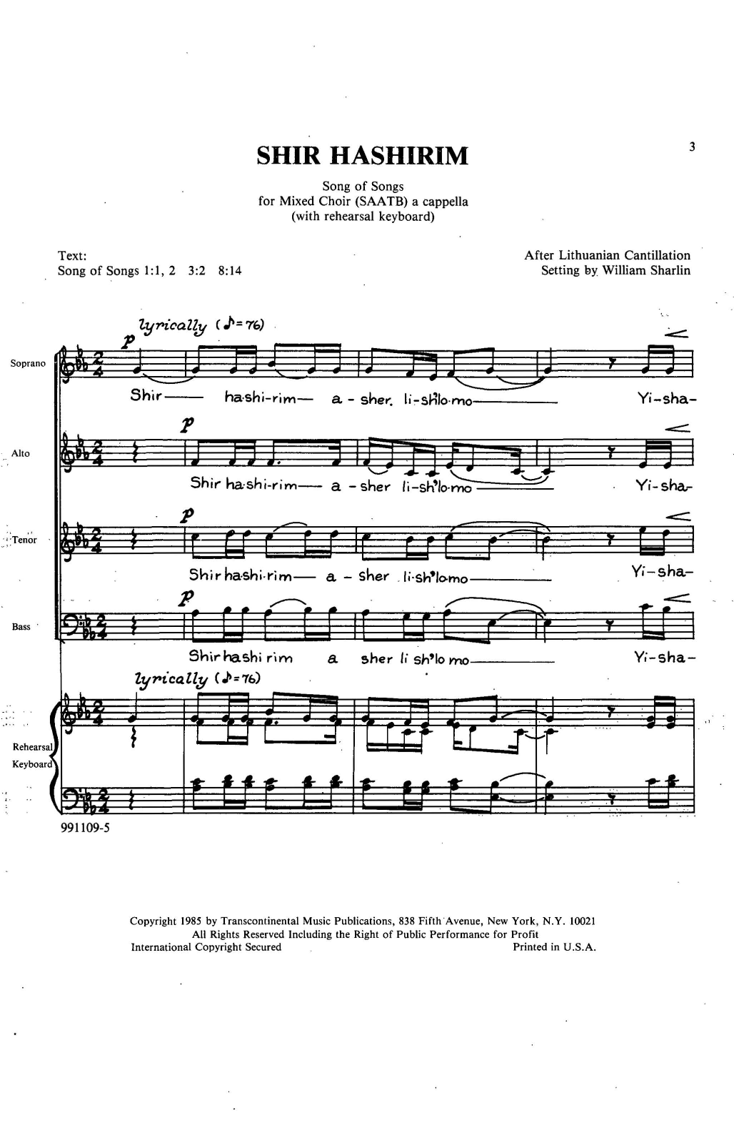 William Sharlin Shir Hashirim (Song Of Songs) sheet music notes and chords arranged for Choir