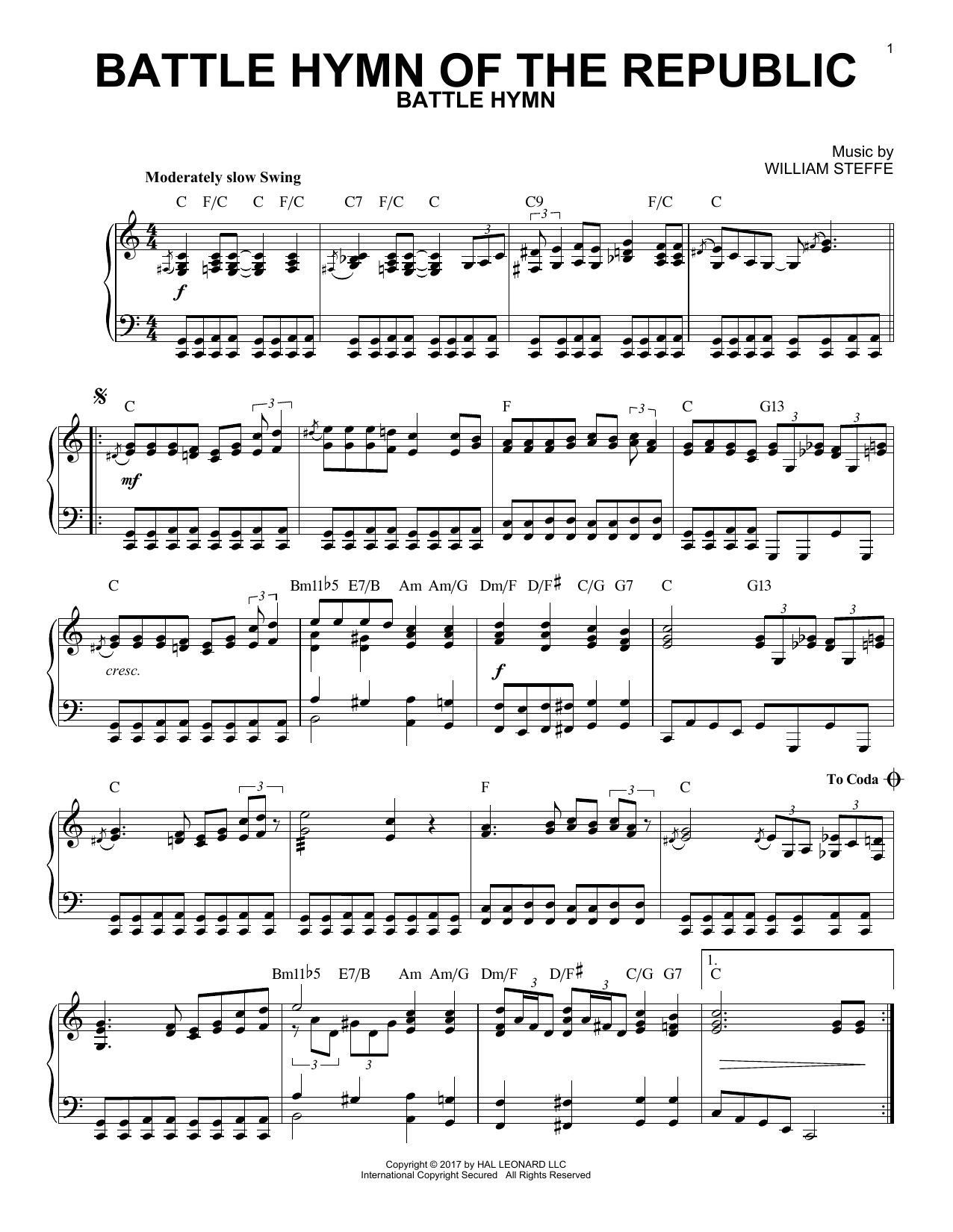 William Steffe Battle Hymn Of The Republic [Jazz version] sheet music notes and chords arranged for Piano Solo
