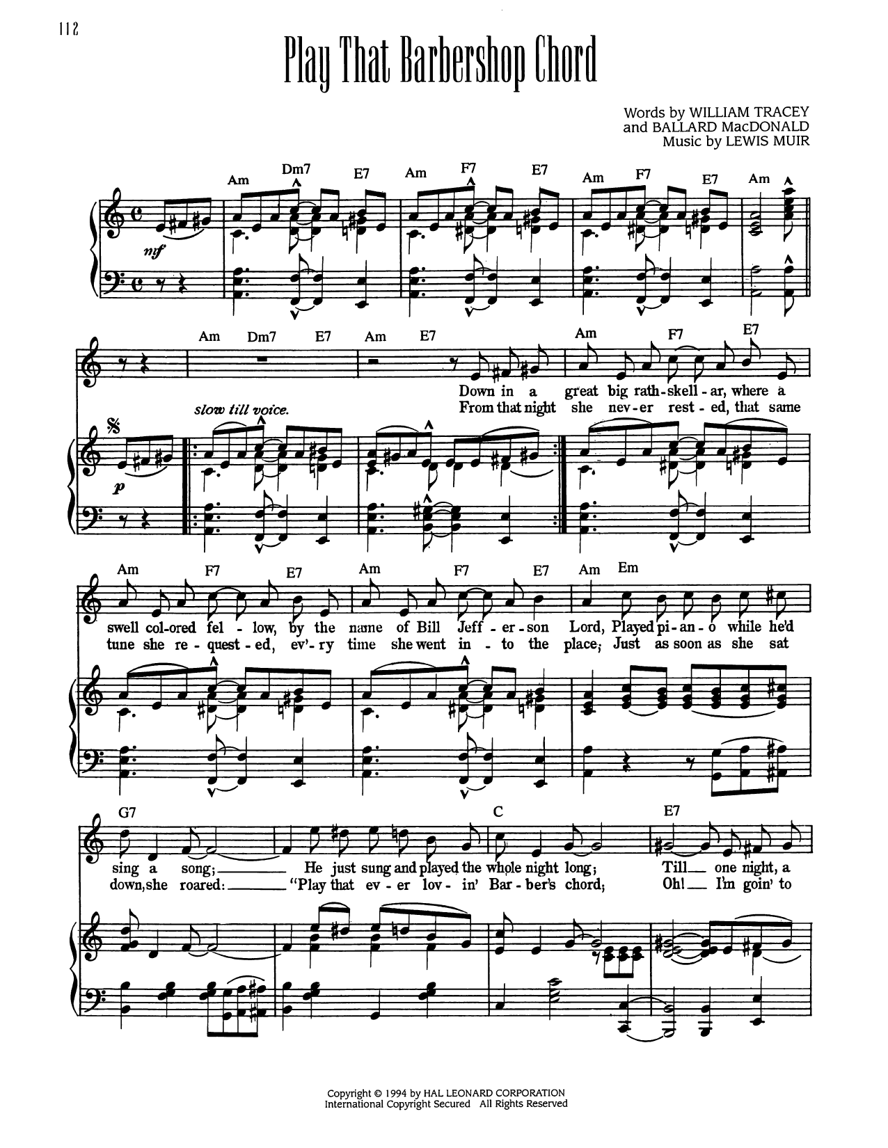 William Tracey Play That Barbershop Chord sheet music notes and chords arranged for Piano, Vocal & Guitar Chords (Right-Hand Melody)